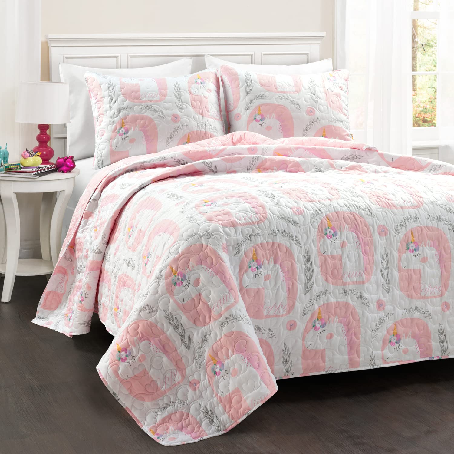Lush Decor Inspirational Unicorn Reversible 3-Piece Quilt Set | Full/Queen Size | Pink Magical Bedding for Kids & Toddlers | Soft Oversized Reversible Comforter for Girls' Room Decor & Cozy Sleep