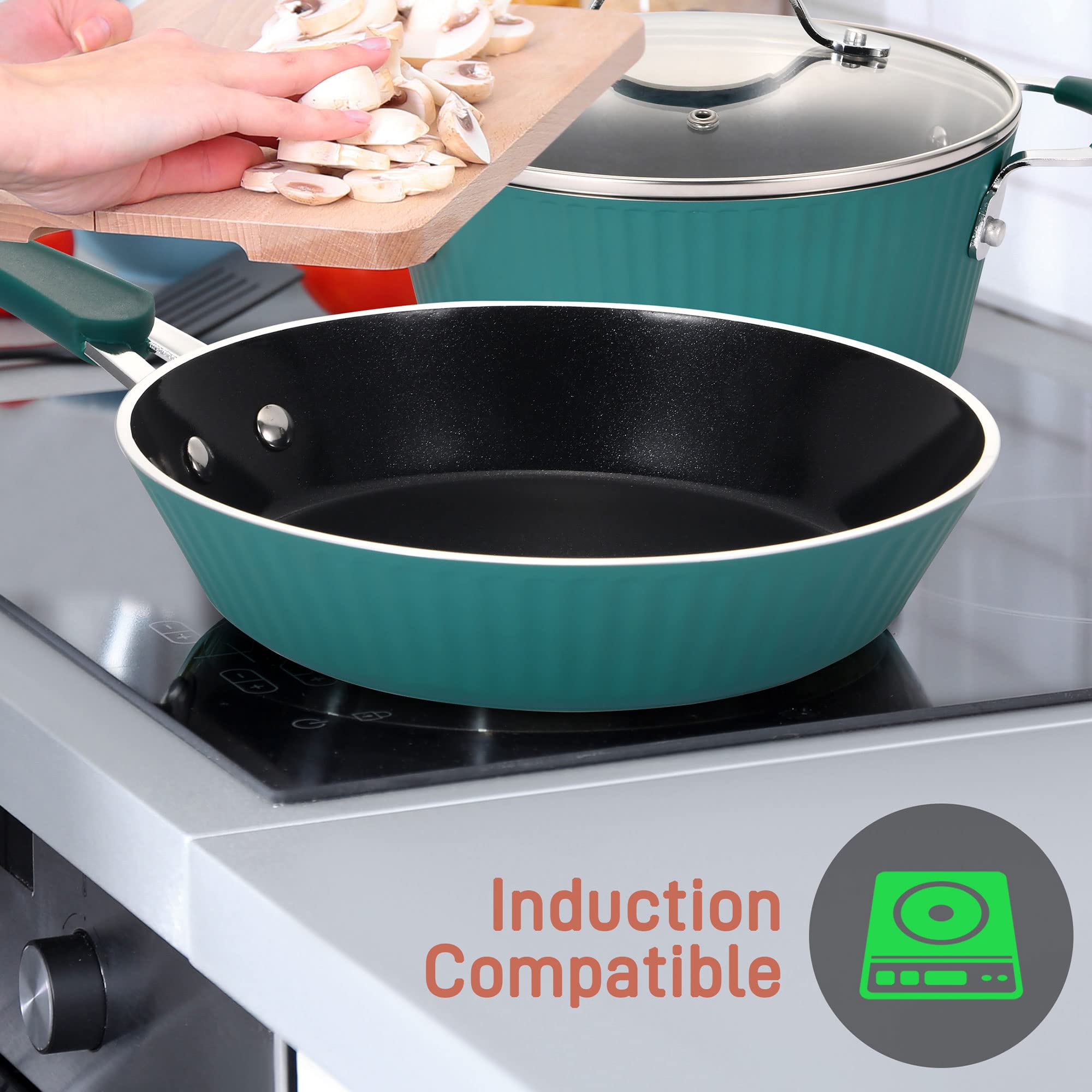 NutriChef 11-Piece Nonstick Cookware Set with Glass Lids & Kitchen Utensils - Teal Blue Ceramic Coated Pots & Pans for Healthy Cooking - Perfect for Frying, Boiling & Sauteing in Modern Kitchens