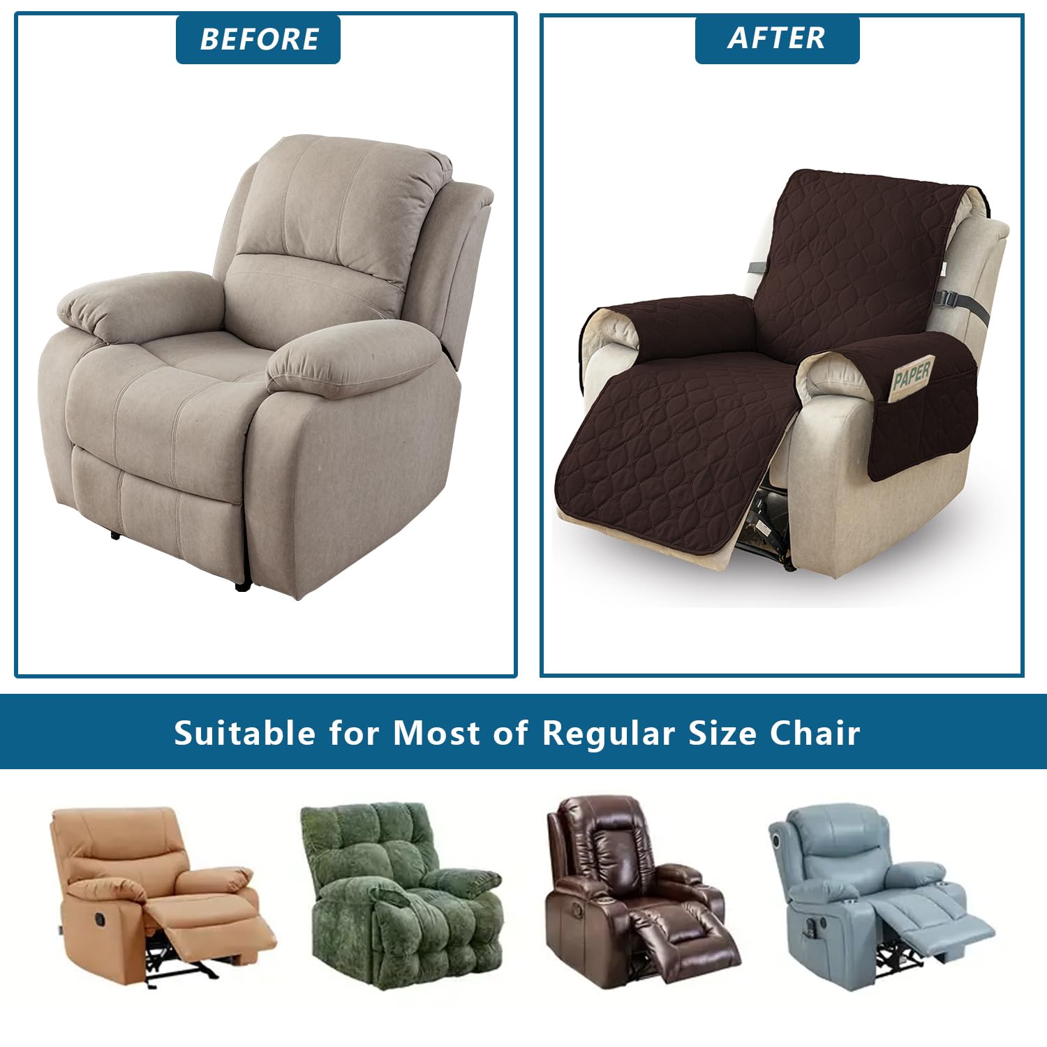 100% Waterproof Non-Slip Recliner Sofa Slipcover - Washable Pet-Friendly Chair Cover with Elastic Straps, Furniture Protector for Reclining Chairs (Chocolate, 23