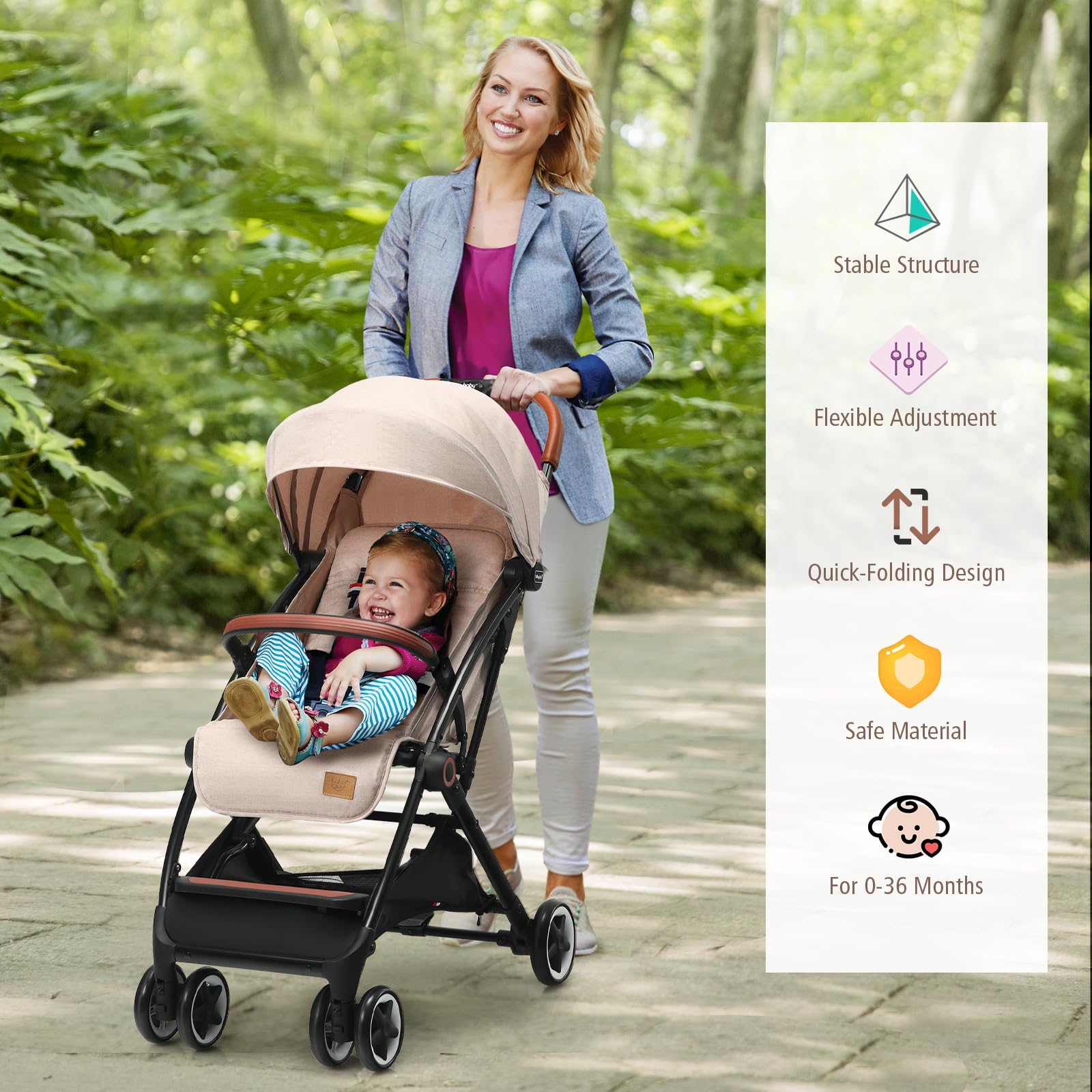 BABY JOY Lightweight Compact Baby Stroller for Travel - Airplane Approved Infant Stroller with 5-Point Safety Harness, Adjustable Backrest & Canopy, Storage Basket | Easy One-Hand Fold Beige Stroller for Newborns & Toddlers | Perfect for Air Travel, Shopping & Daily Walks