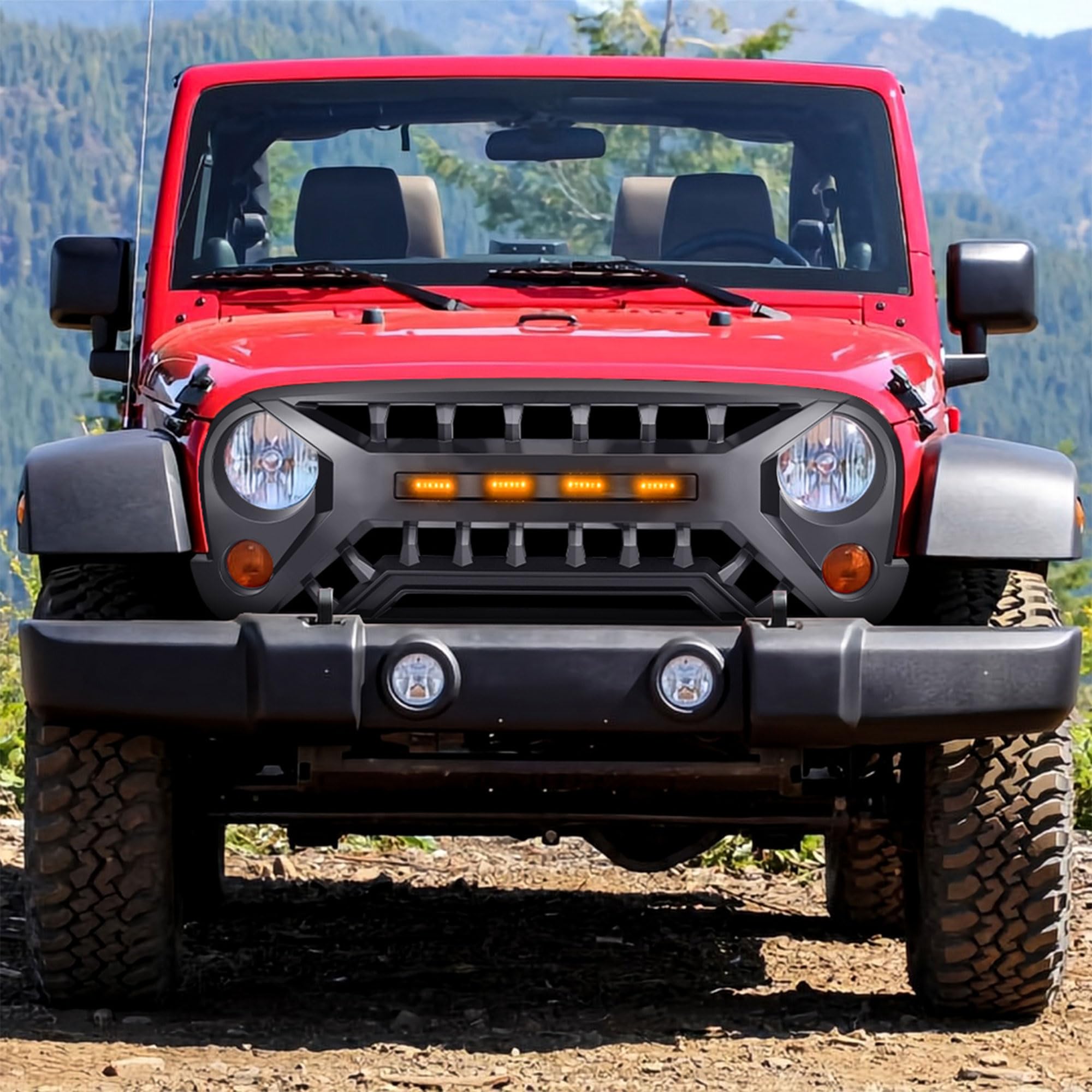 07-08 Jeep Wrangler JK Black AMERICAN MODIFIED Armor Grille with Amber Lights - Heavy Duty Off-Road Protection for Adventure & Trail Riding