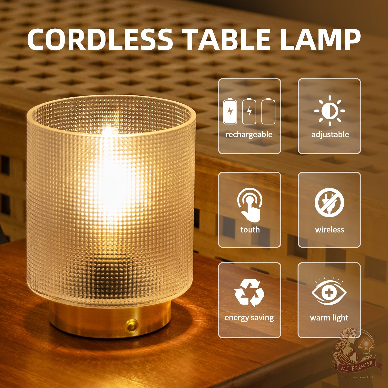 MJ PREMIER Rechargeable Cordless Table Lamp - Dimmable Touch Control Bedside Lamp with Glass Shade, Battery Operated Night Light for Bedroom, Living Room, Office & Home Decor | Perfect for Reading, Relaxing & Ambient Lighting