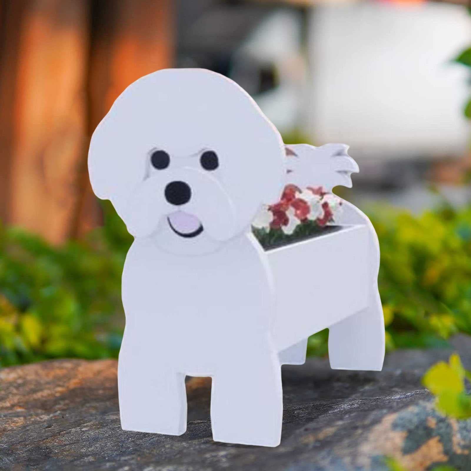 Bichon Frise Dog Planter Pot - 16.9x9.8 Inch PVC Outdoor Flower Pot for Garden, Patio Decor | Cute Animal Planter for Succulents, Herbs & Small Plants | Perfect for Home, Office & Gift Giving