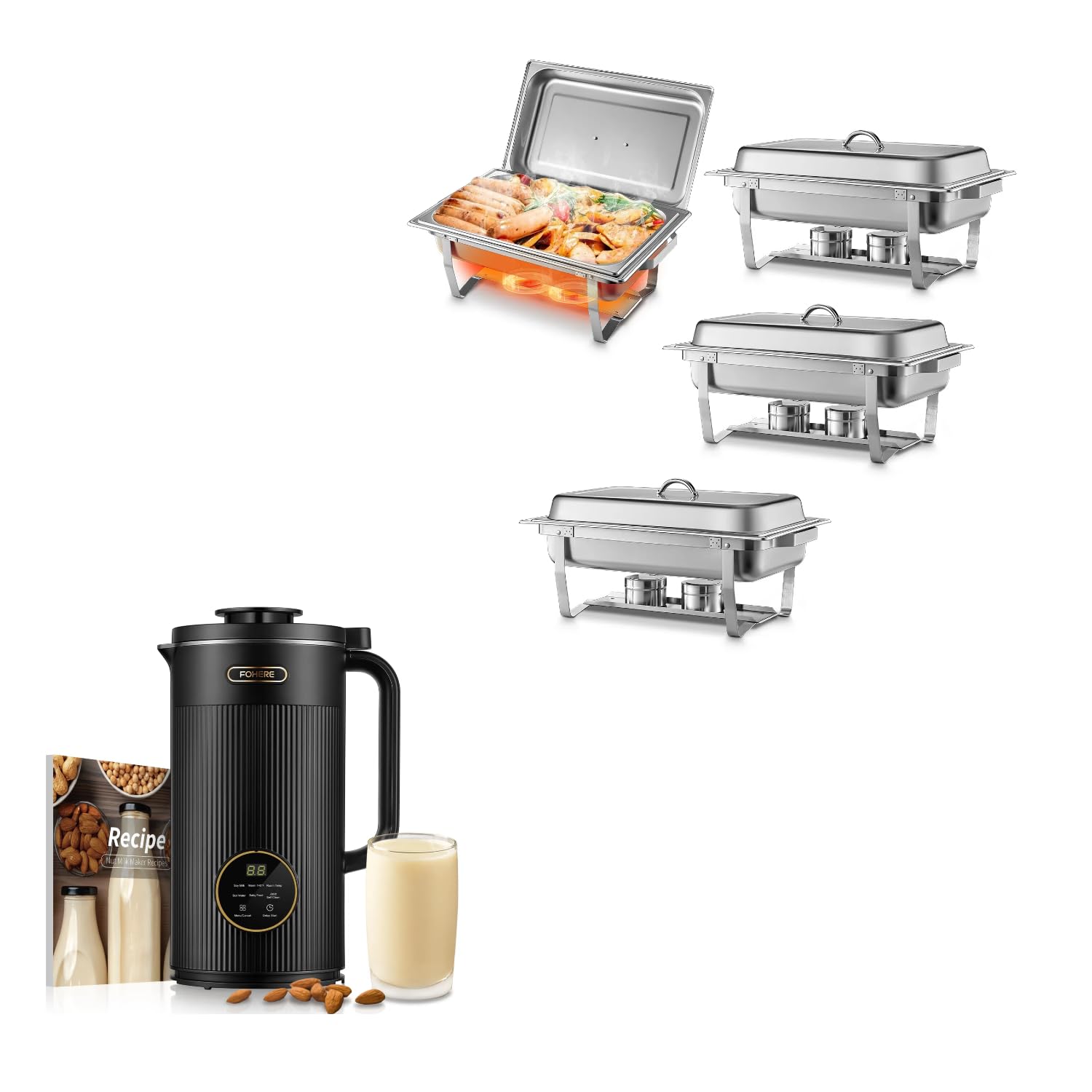 4-Pack Stainless Steel 9.5QT Chafing Dishes for Buffet Catering | 35oz 6-in-1 Nut Milk Maker Machine (1000ml 800W) for Almond, Soy & Oat Milk | Perfect for Restaurants, Weddings & Home Use