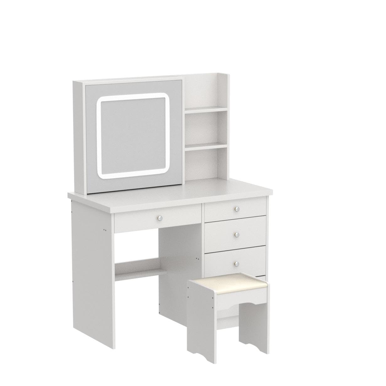 Large Vanity Table Set with Lighted Mirror - 5 Drawers & Shelves Makeup Dressing Desk with Cushioned Stool - White Vanity Set for Bedroom, Bathroom & Dorm Room Organization