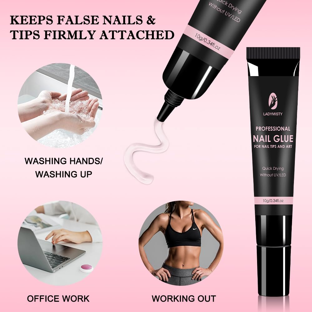 Upgraded 5-Second Quick Dry 10g Nail Glue for Press On Nails & 10ml Nail Glue Remover - No UV Lamp Needed, Long Lasting Acrylic Nail Adhesive Kit - Perfect for Salon, Home Manicures & Nail Art