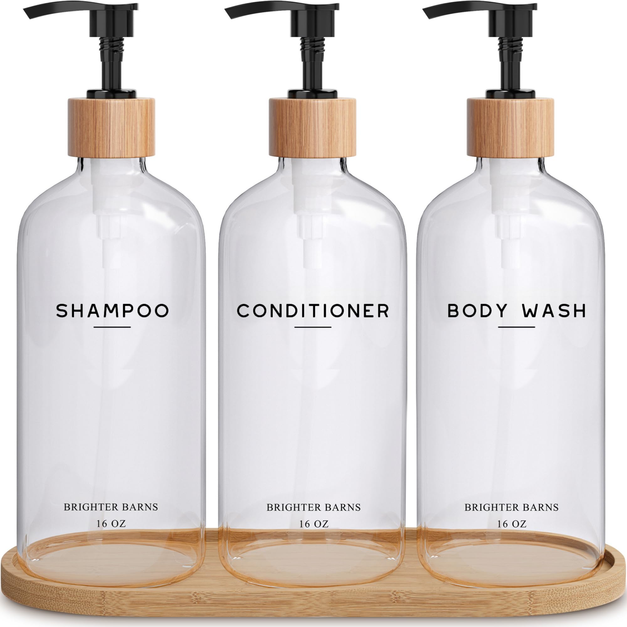 Brighter Barns Clear Shampoo and Conditioner Dispenser Set - Refillable Plastic Shower Bottles with Tray for Bathroom Organization - Modern Hotel Style Bathroom Accessories for Home, Vacation Rental & Spa Use
