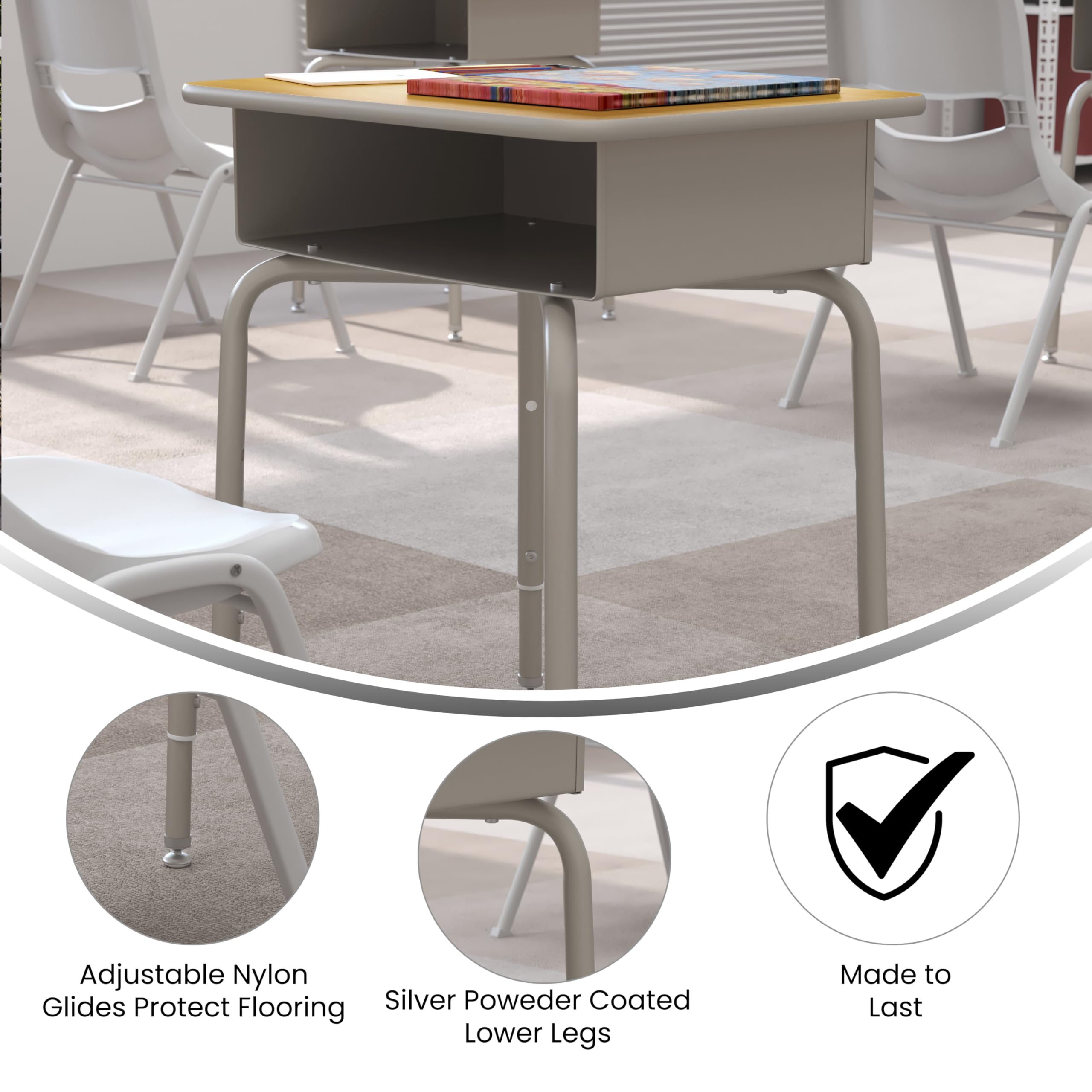 Maple Open Front Student Desk with Silver Metal Frame - 24