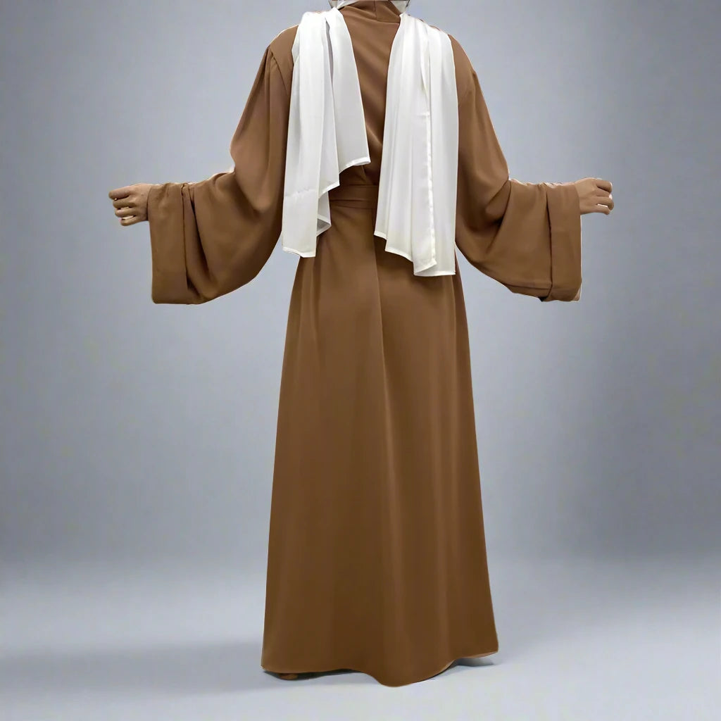 Stylish Muslim Women's Open Abaya Dress with Pockets - Modest Broken Twil Fabric Prayer Dress for Home, Mosque & Special Occasions