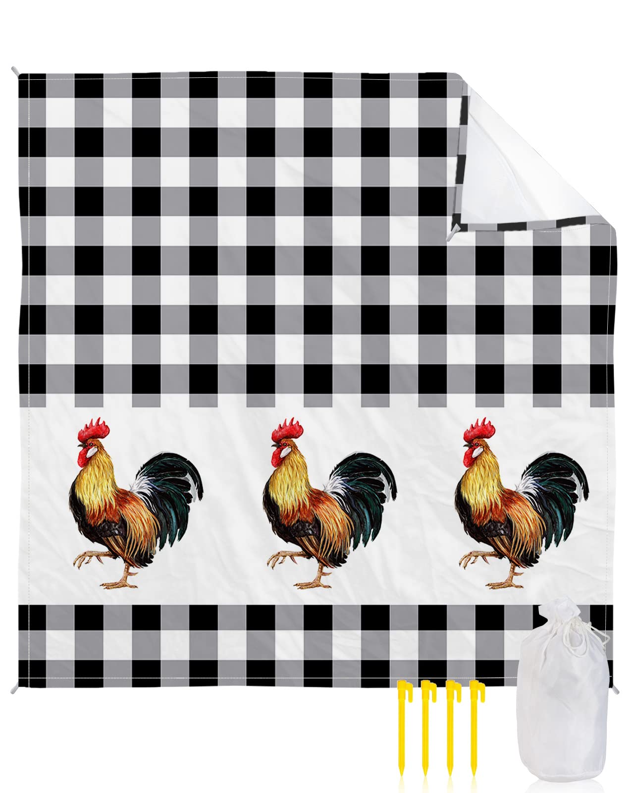 Rooster Farm Animals Buffalo Plaid Beach Blanket - Sand Proof, Waterproof & Lightweight Outdoor Picnic Mat with Corner Pockets (108x84 Inch) - Perfect for Beach, Camping, Travel, Park Outings & Backyard Picnics
