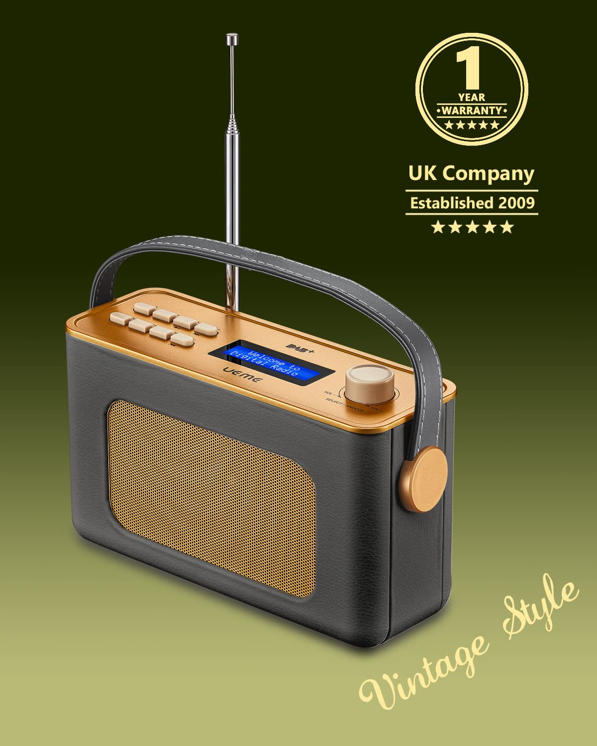 **UEME Retro DAB/DAB+ FM Wireless Portable Radio - Bluetooth, USB Rechargeable Battery, Digital & Analog Tuning (Charcoal Grey) - Perfect for Home, Office, Travel & Outdoor Adventures**