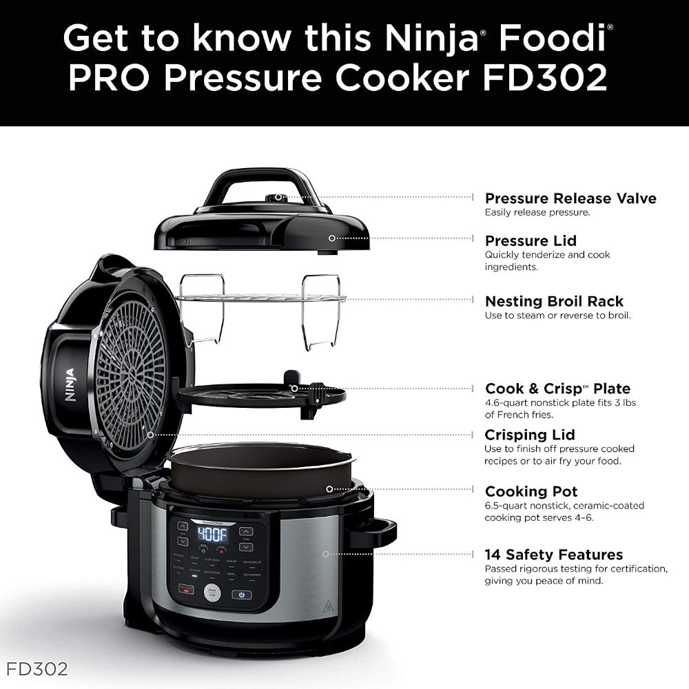 NINJA Foodi 11-in-1 Pro 6.5 qt. Pressure Cooker & Air Fryer Combo | Certified Refurbished with Home Essentials Warranty (FD302) | Perfect for Quick Meals, Healthy Cooking & Family Dinners