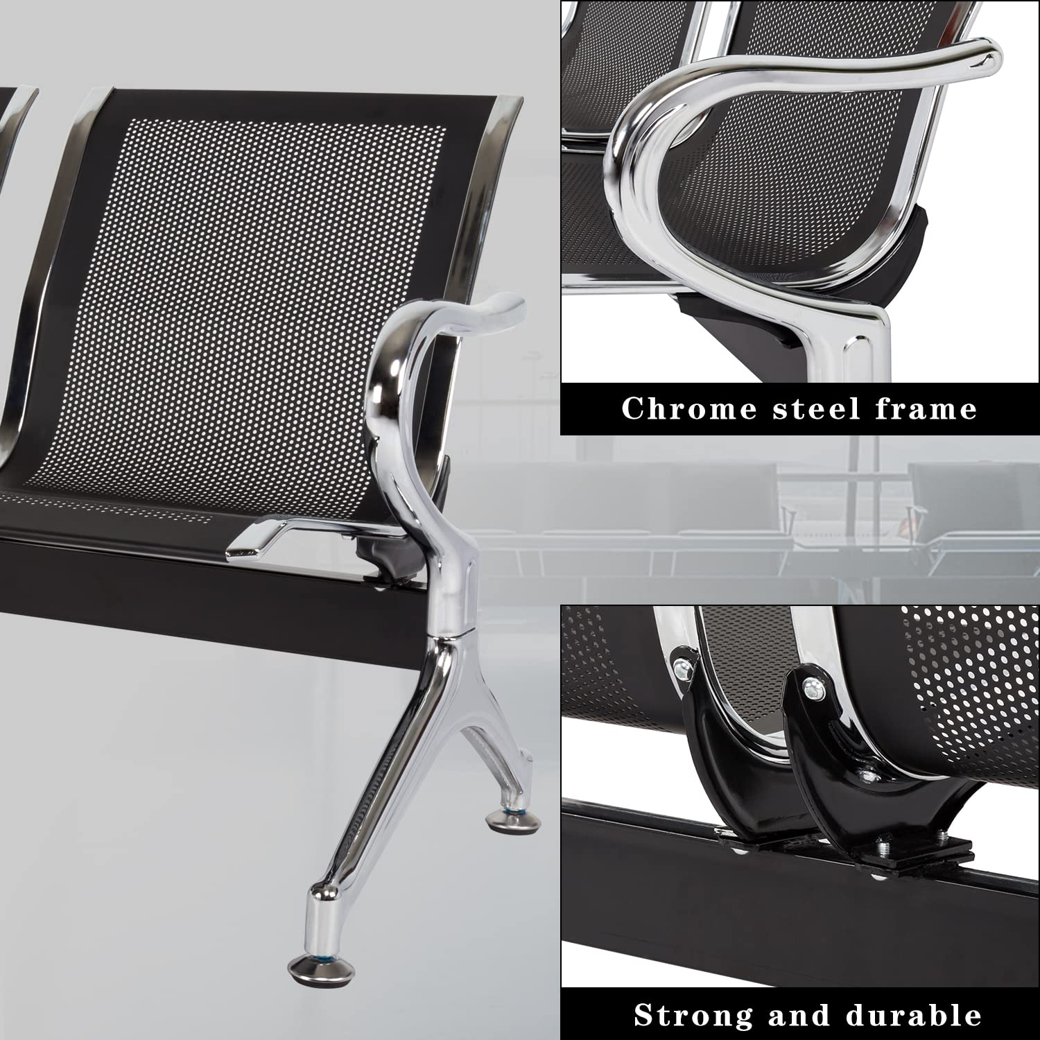 Kinsuite 3-Seat PU Leather Waiting Room Bench with Arms - Set of 2 Modern Reception Chairs for Business, Hospital & Airport Waiting Areas - Durable & Comfortable Seating Solution for Lobbies, Clinics and Public Spaces