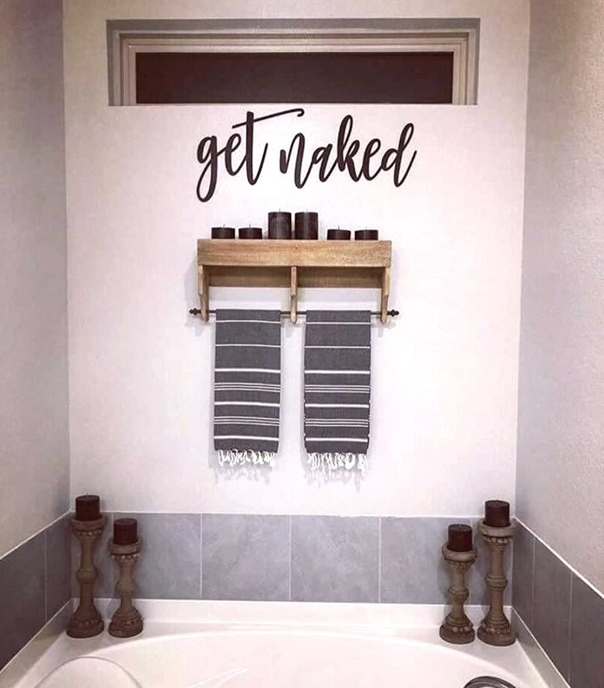 Farmhouse Style 'Get Naked' Wooden Wall Sign - Rustic Bathroom Decor with Silver Wood Letters (50x17 inches) - Perfect for Farmhouse Bathrooms, Powder Rooms & Spa Retreats
