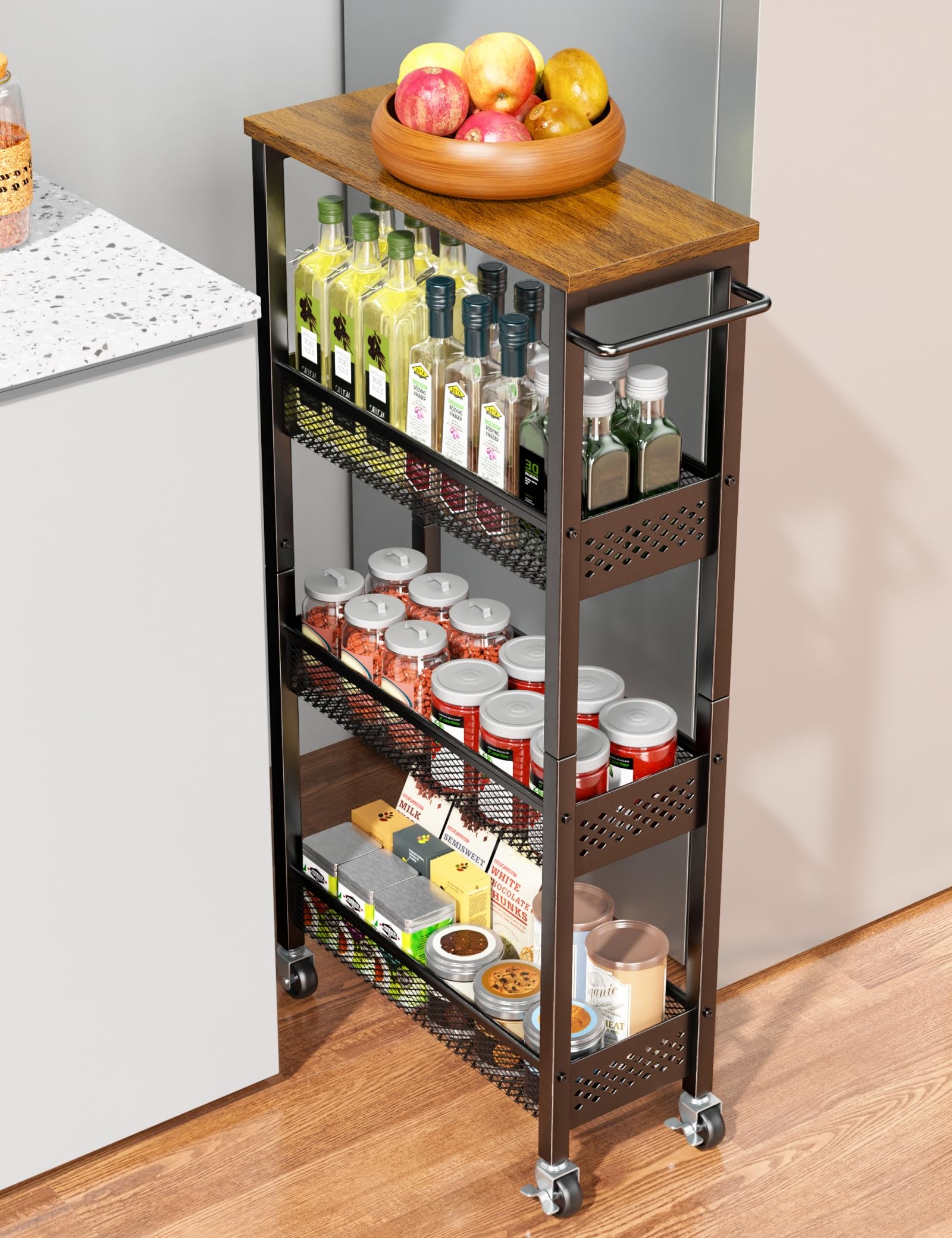 4-Tier Slim Rolling Storage Cart with Wood Top - Narrow Space Utility Organizer for Kitchen, Bathroom & Laundry Room - Mobile Shelf Unit with Handle for Easy Transport - Perfect for Small Spaces & Closet Organization