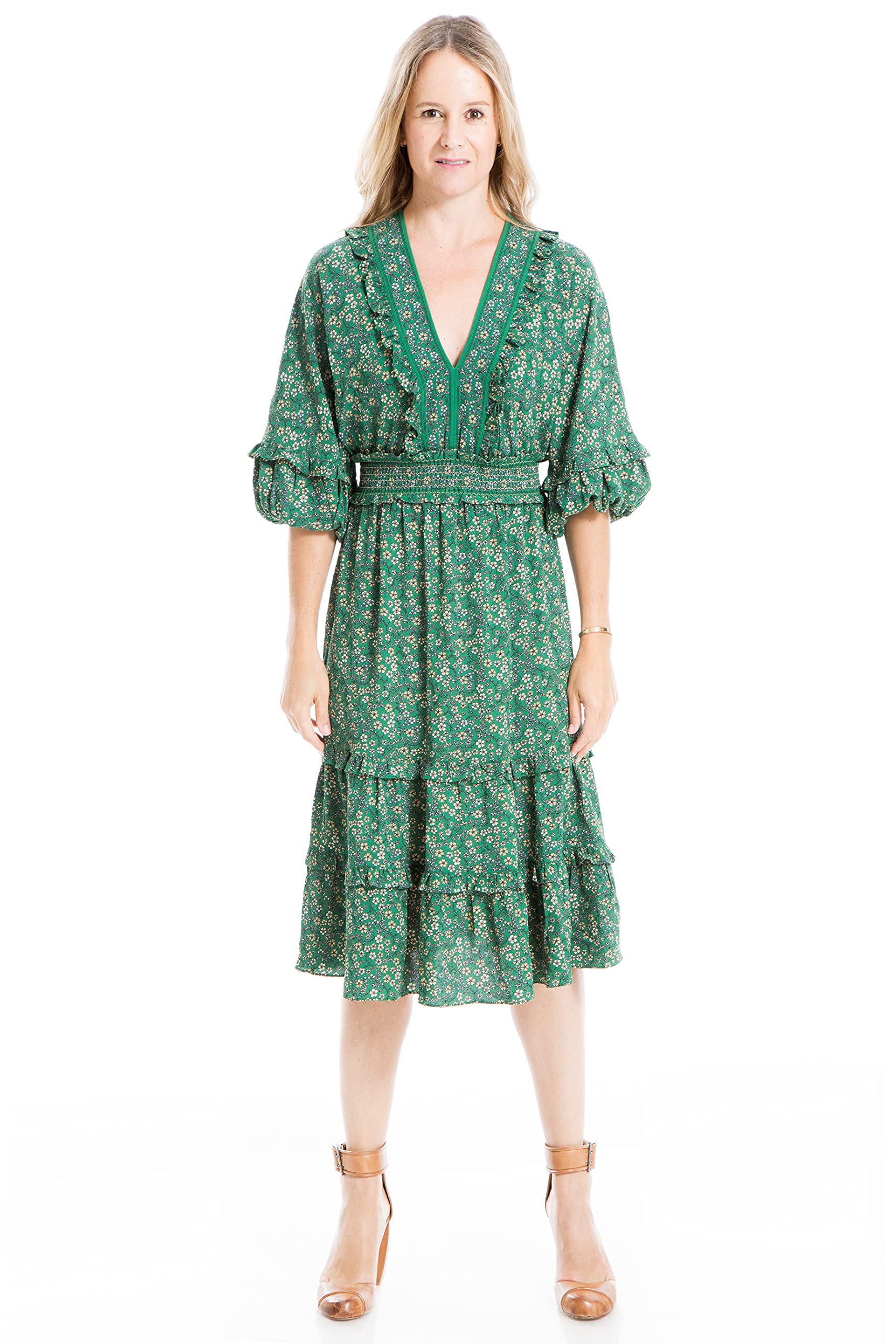 Max Studio Women's 3/4 Sleeve Tiered Bubble Crepe Dress - Elegant Flowy Midi Dress for Wedding, Party & Special Occasions