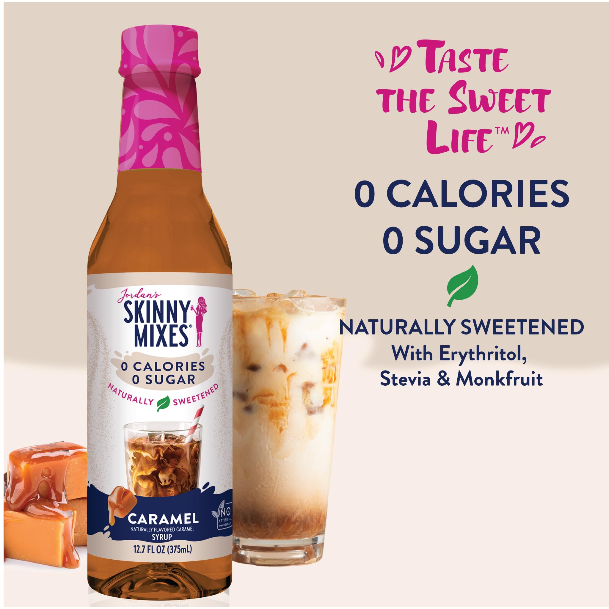 Jordan's Skinny Syrups Sugar Free Caramel Syrup - 12.6 oz, Zero Sugar & Zero Calorie Coffee Flavoring for Lattes, Protein Shakes, Cocktails, Mocktails, Baking & Desserts - Naturally Sweetened Sugar Alternative for Keto & Diabetic Friendly Diets