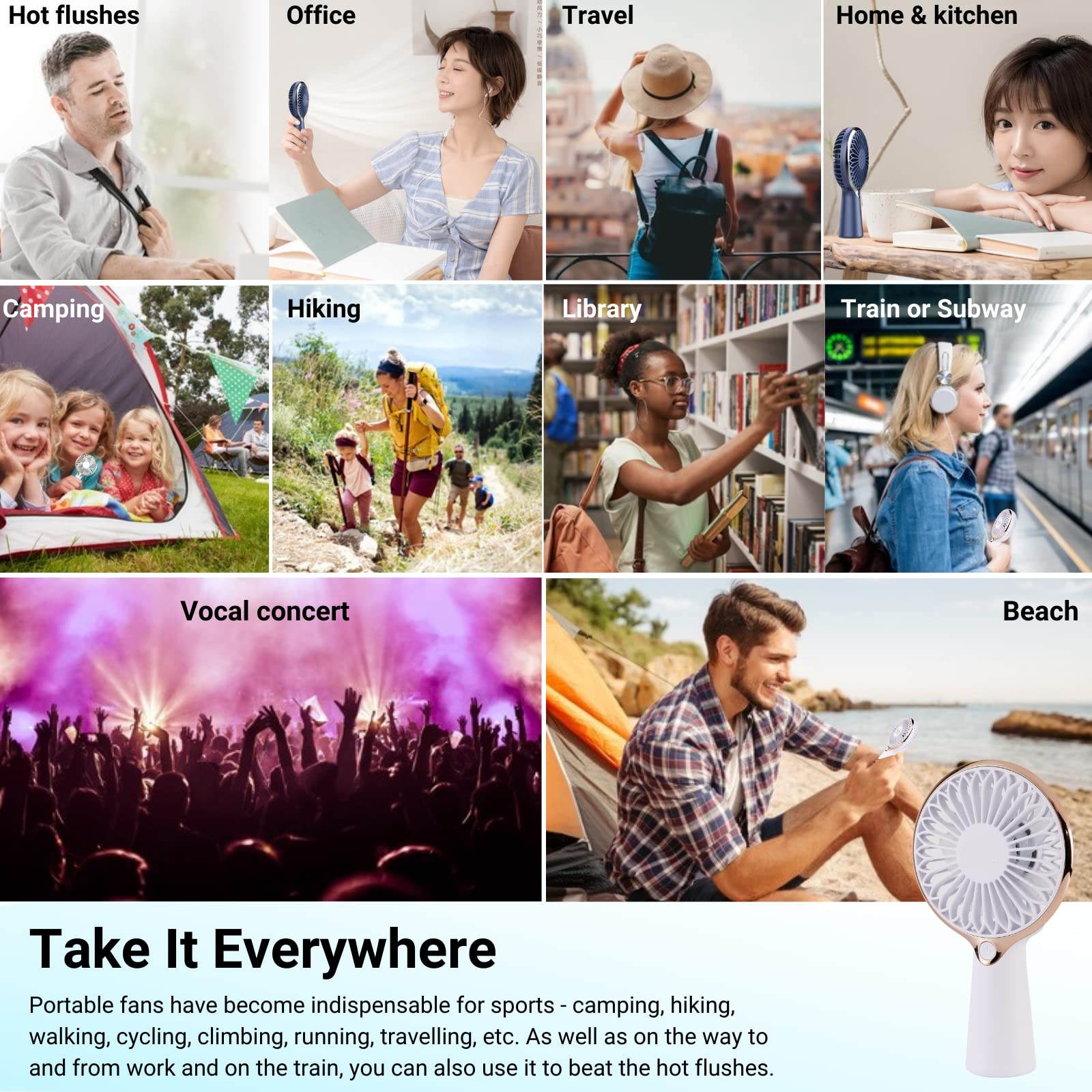 Portable USB Rechargeable Mini Handheld Fan - Personal Desk Fan with 3-6 Hours Battery Life for Office, Travel, Outdoor & Home Use | Compact Cooling Fan for Work, Camping, Beach & Daily Activities