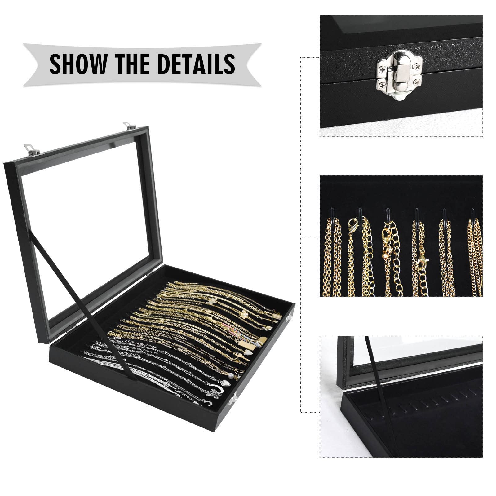 Premium Jewelry Organizer Box - 20 Hook Necklace Display Case with Clear Lid - Necklace & Pendant Storage for Women & Girls (Black) - Perfect for Travel, Gifts & Home Decor