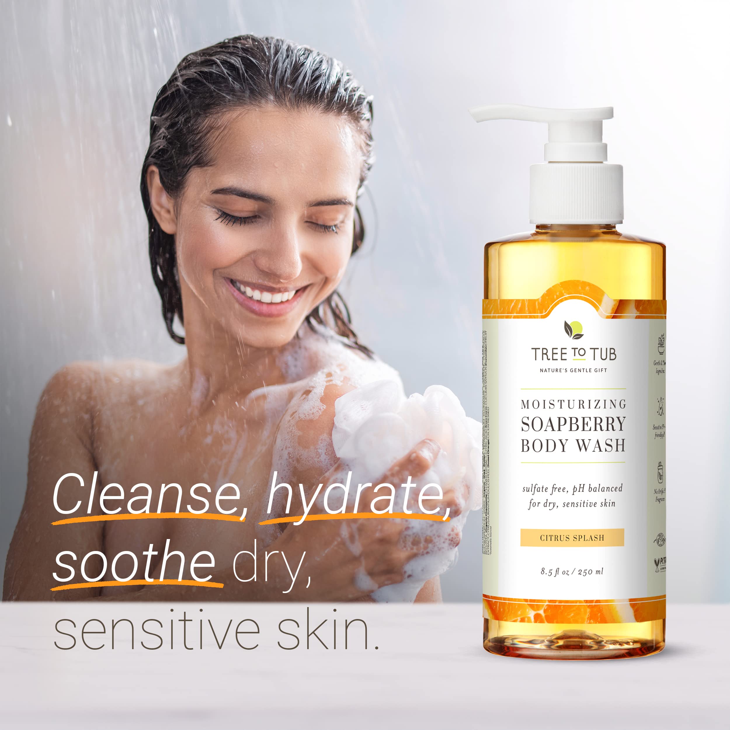Tree to Tub Citrus & Peppermint Body Wash for Dry & Sensitive Skin - pH Balanced, Sulfate-Free, Vegan Moisturizing Body Wash with Organic Shea Butter for Women & Men - Perfect for Daily Hydration & Gentle Cleansing