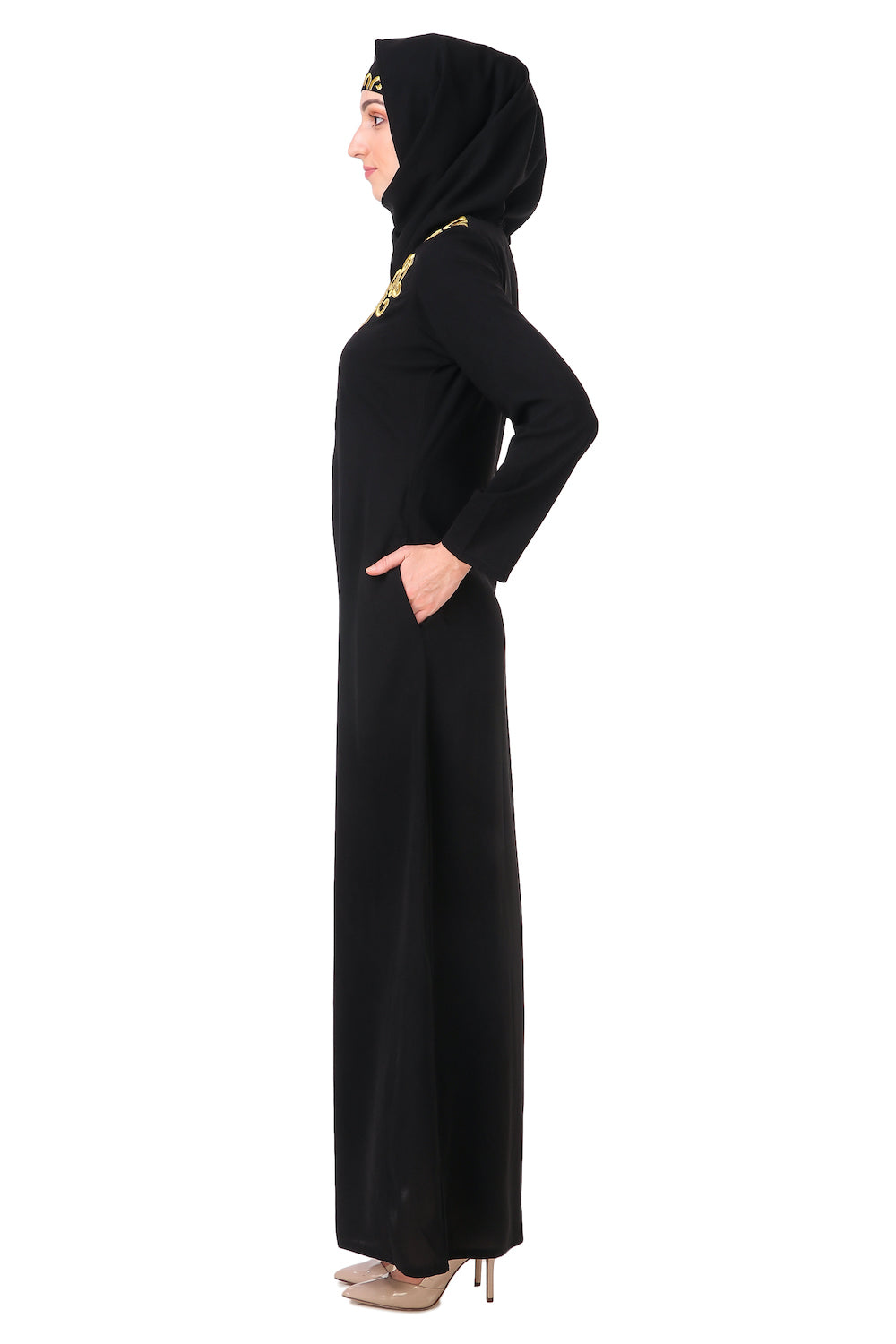 Gold Hand Embroidered Neck Fancy Abaya AY 810 - Elegant Islamic Dress for Women | Perfect for Eid, Weddings & Special Occasions