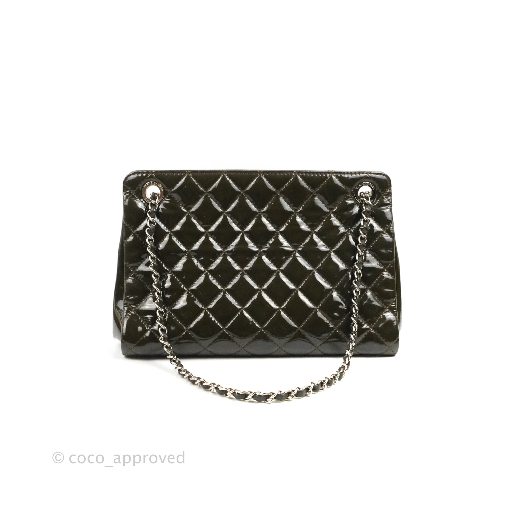 Chanel CC Quilted Tote Bag in Dark Green Patent Leather with Silver Hardware - Perfect for Work, Travel, and Everyday Luxury