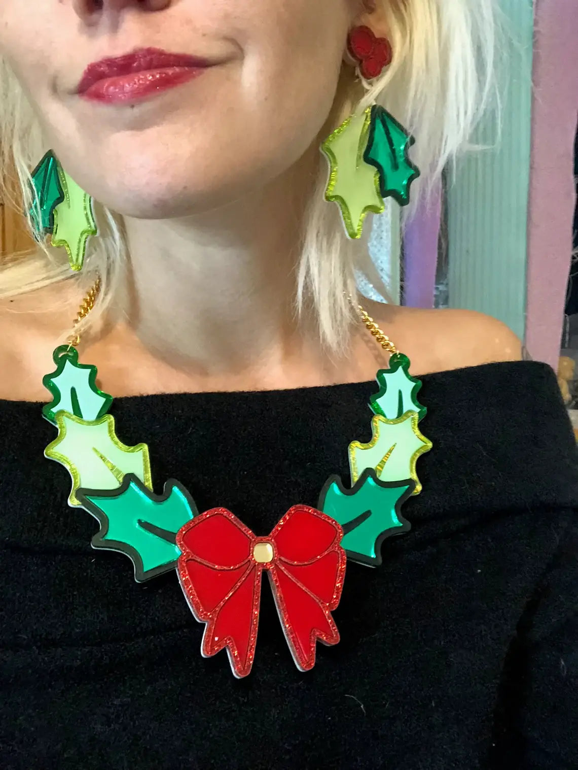 Festive Christmas Holly Acrylic Statement Earrings for Women - Holiday Party Jewelry Gift for Christmas, New Year & Winter Celebrations