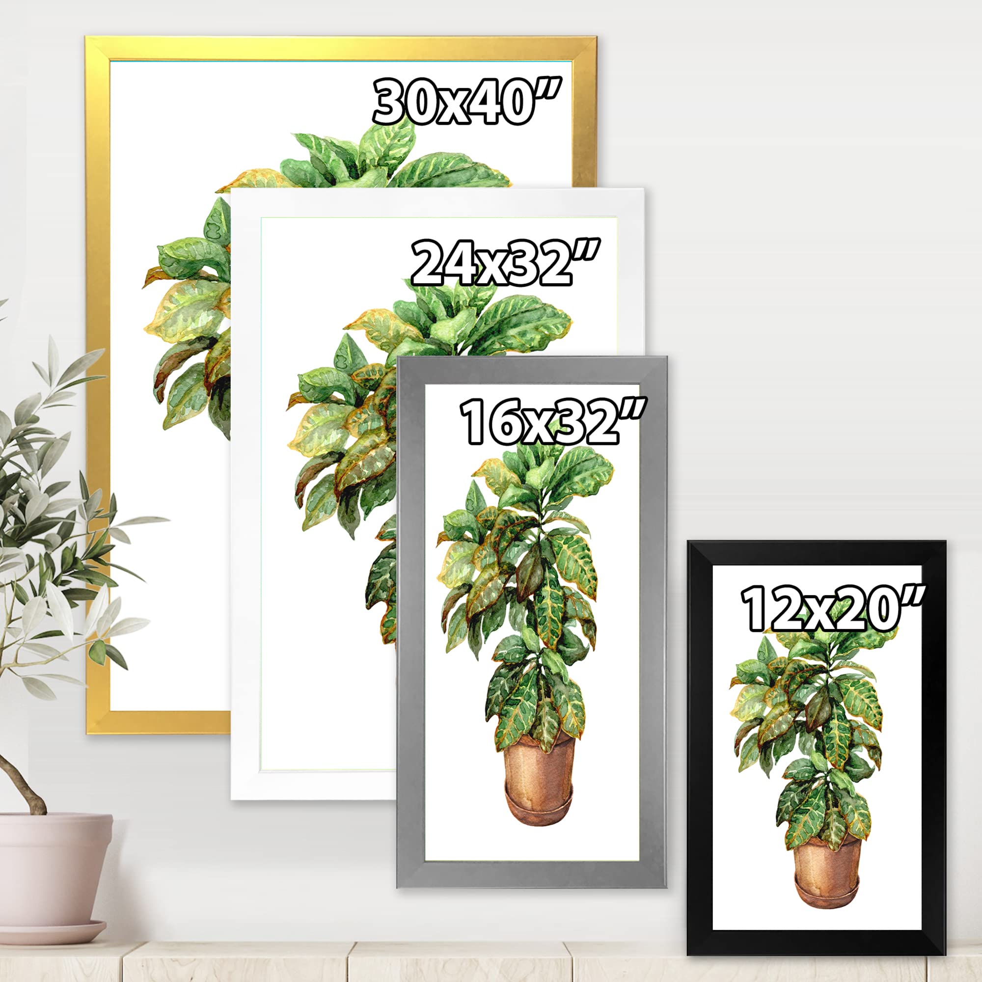 DesignQ Croton in Clay Flowerpot - Traditional Framed Wall Art Decor for Living Room, Bedroom & Office