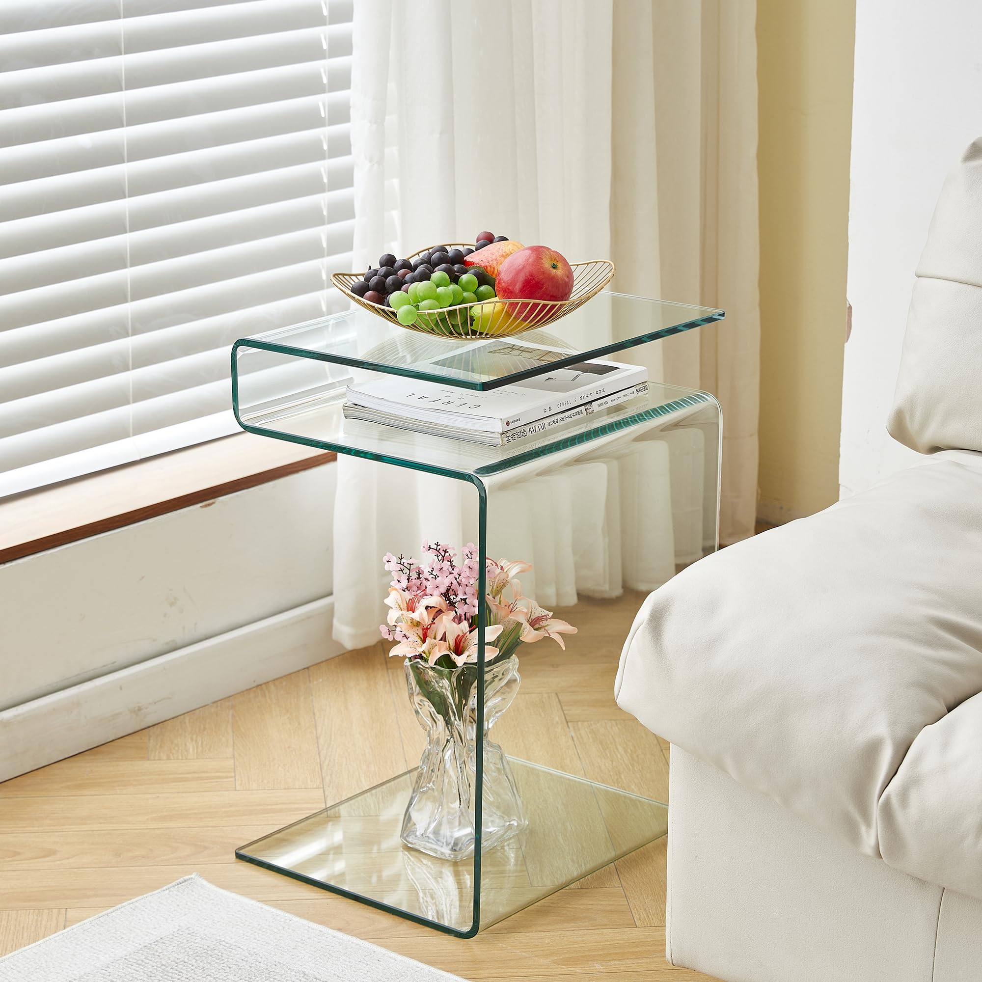 Clear Glass Nightstand - Modern S-Shaped End Table for Bedroom & Living Room, 16.55