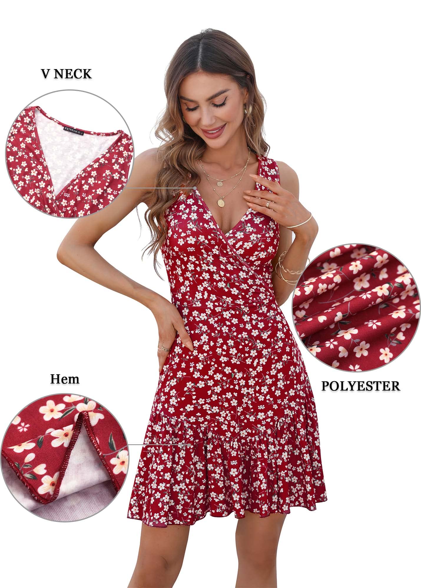FENSACE Women's Summer Floral Wrap Dress - Sleeveless V-Neck Mini Sundress for Beach, Vacation & Date Night | Sexy Casual Dress for Women