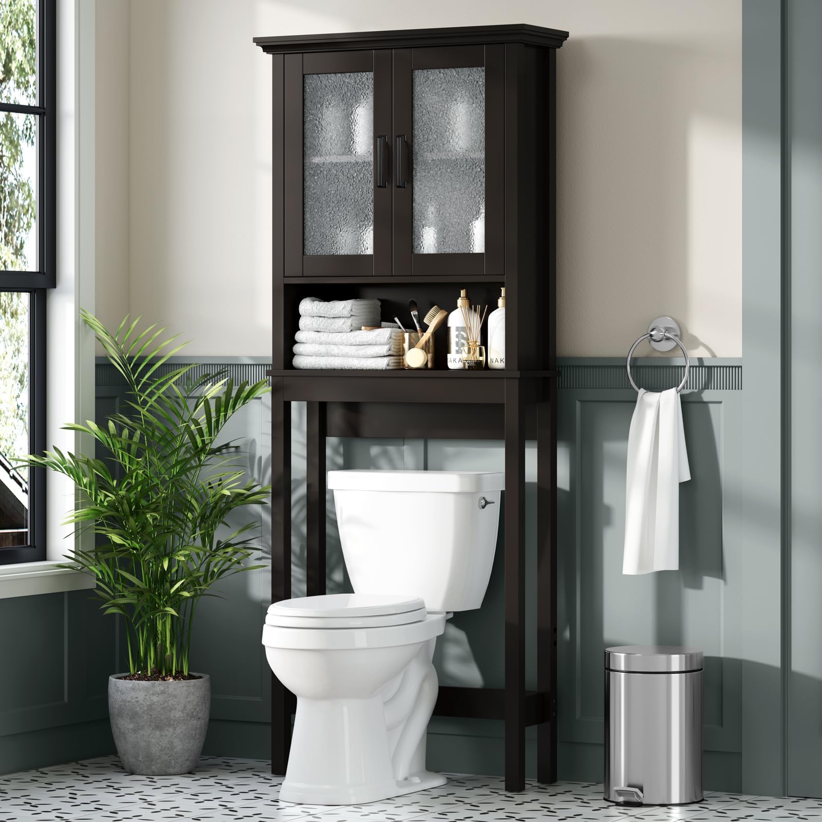 Over The Toilet Storage Cabinet with Glass Doors & Adjustable Shelf - Thick Frame Bathroom Organizer for Above/Behind Toilet - Espresso Finish - Perfect for Small Bathrooms, Apartments & Space-Saving Storage Solutions