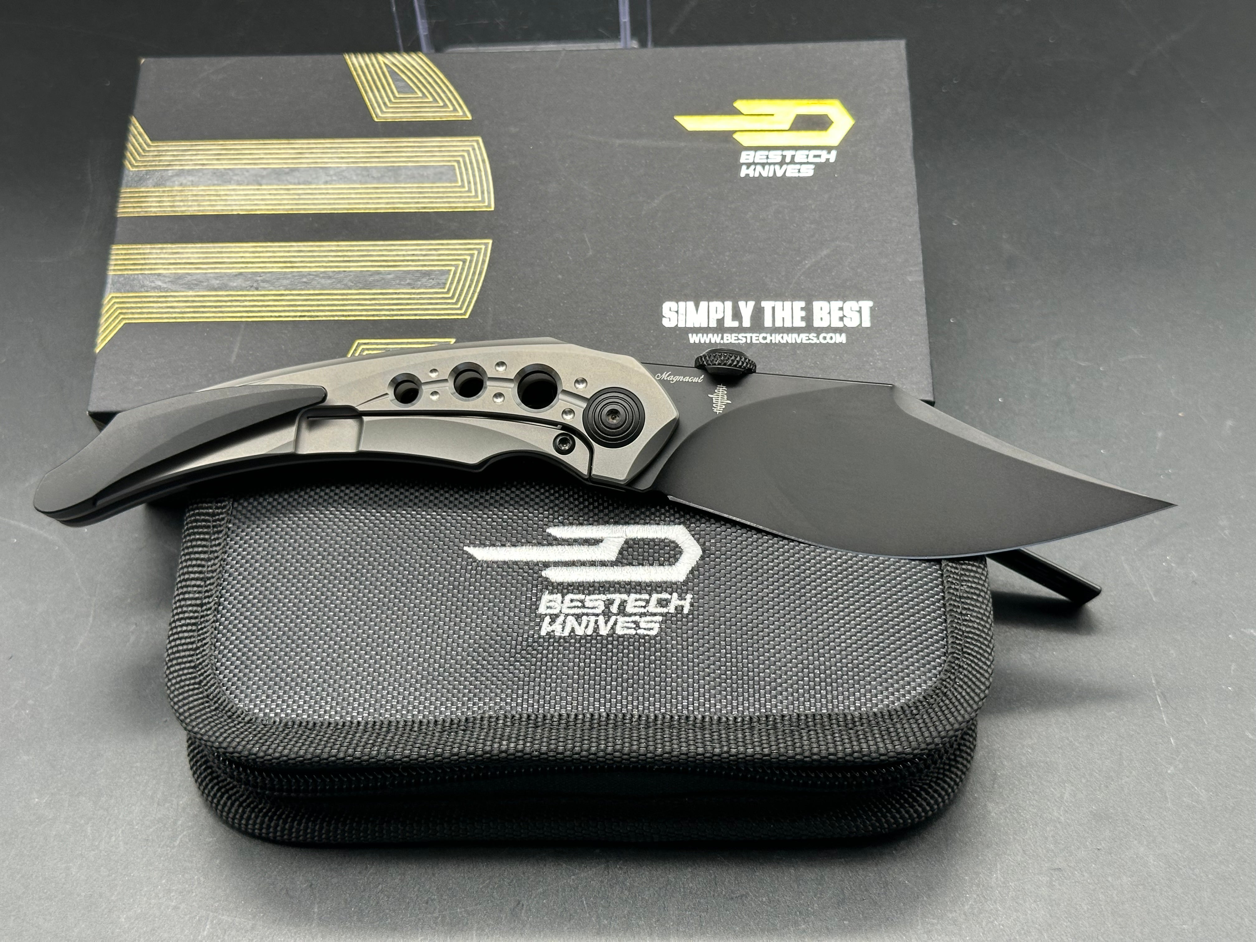 Bestech Kombou Folding Knife - Razon/Grey Slotted Titanium Handle, Upswept Blackwash Magnacut Blade - EDC, Outdoor Camping & Survival Tool