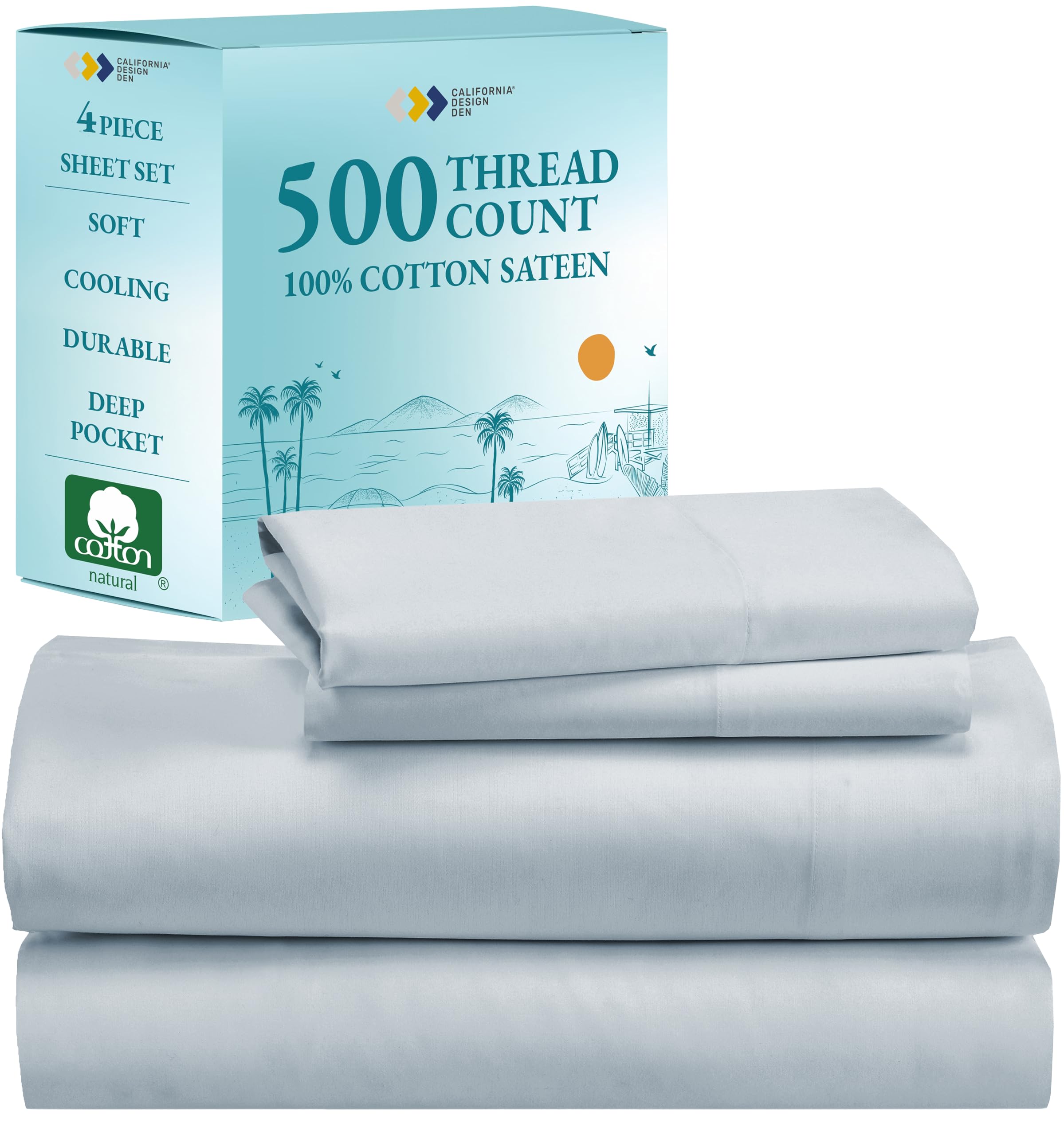 California Design Den - Premium 100% Cotton Queen Sheet Set, 500 Thread Count, Soft & Cooling Bed Sheets with Deep Pockets & Snug Fit Elastic - Light Blue - Perfect for Hot Sleepers & All-Season Comfort