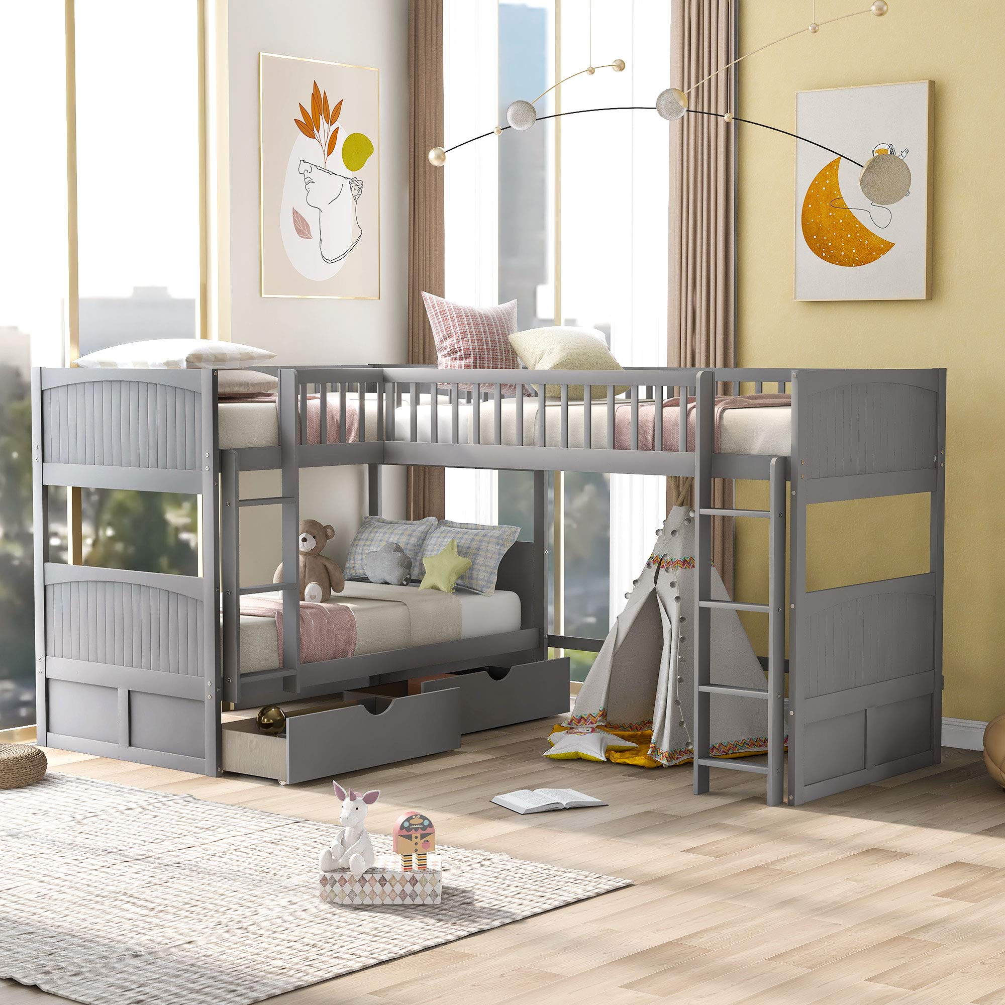SOFTSEA Solid Wood L-Shaped Corner Bunk Bed for 3 Kids - Twin Over Twin Triple Bunk Bed with 2 Drawers & Loft Bed, Space-Saving Kids Bedroom Furniture (Gray) - Perfect for Small Rooms, Shared Kids Bedrooms & Vacation Homes