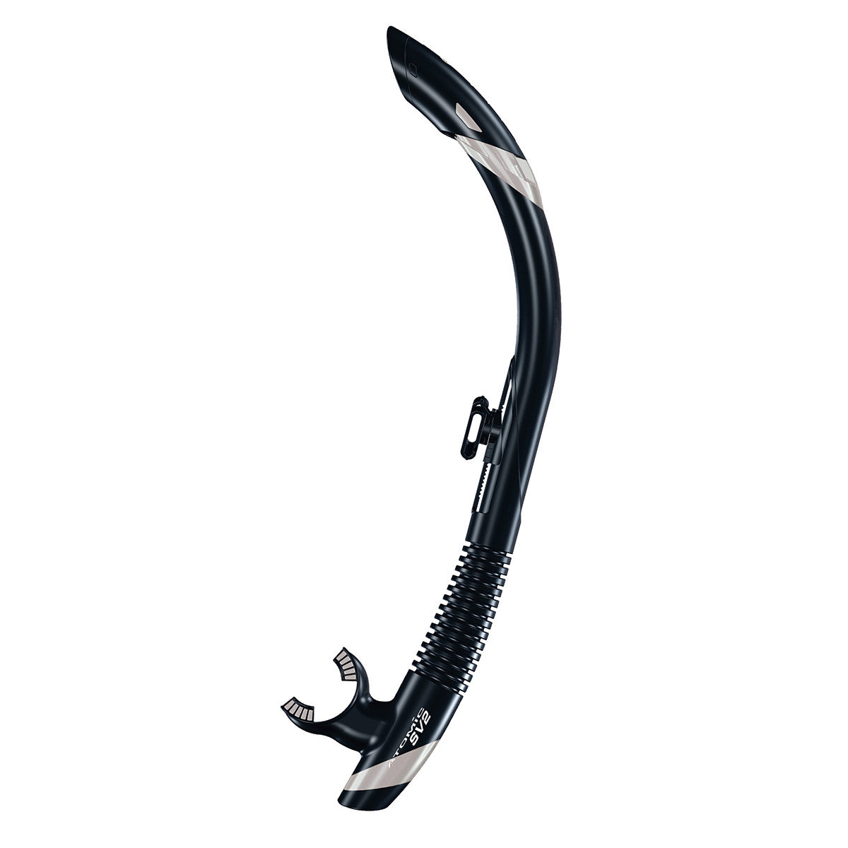Atomic Aquatics SV2 Flex Snorkel - High Performance Snorkel for Scuba Diving & Swimming - Black/Silver Color - Perfect for Ocean Adventures, Pool Training & Water Sports