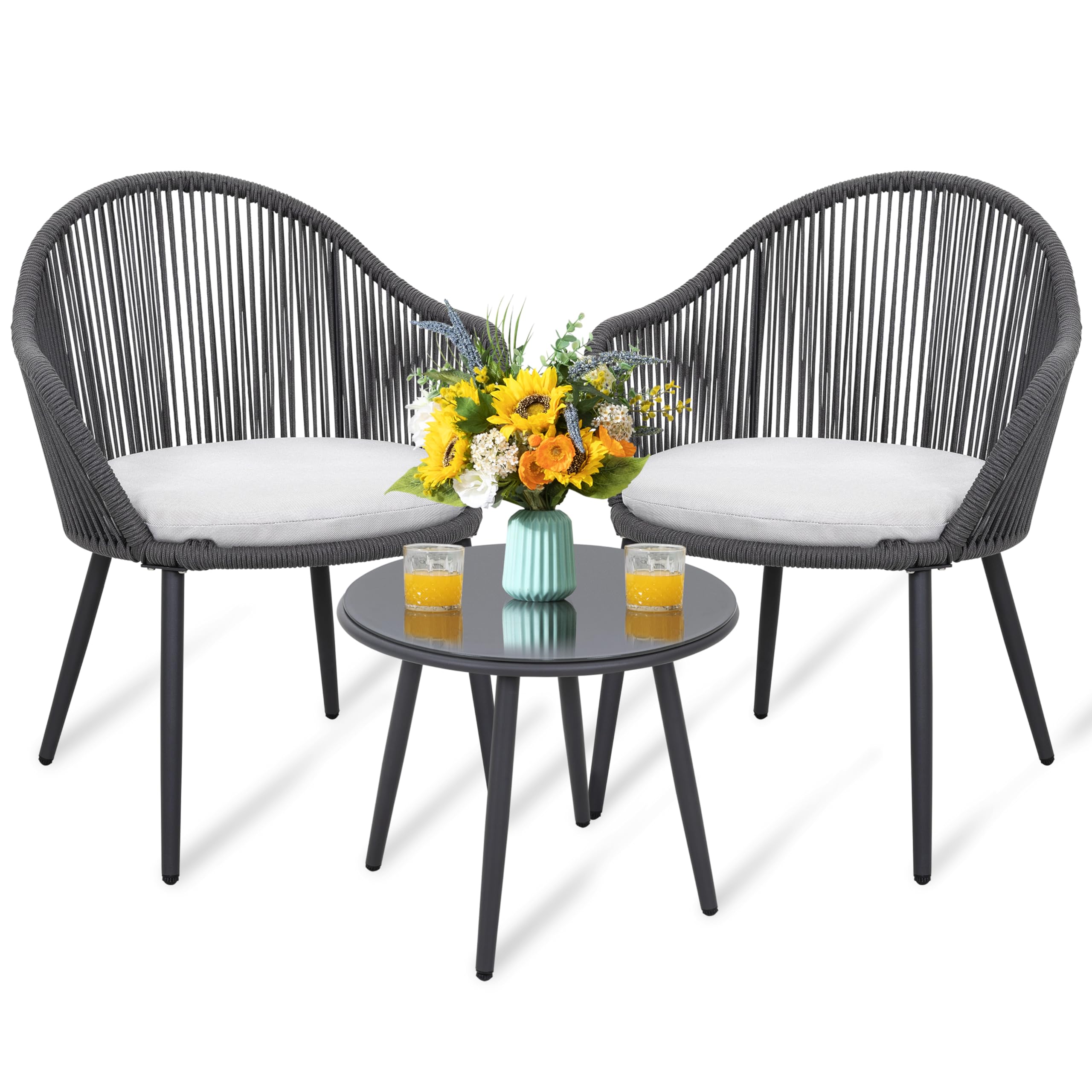 NUU GARDEN 3-Piece Outdoor Bistro Set - All-Weather Woven Rope Patio Furniture with Cushions, Dark Grey - Perfect for Garden, Deck, Backyard, Balcony & Porch Conversations | Ideal for Outdoor Dining, Relaxation & Entertaining Guests