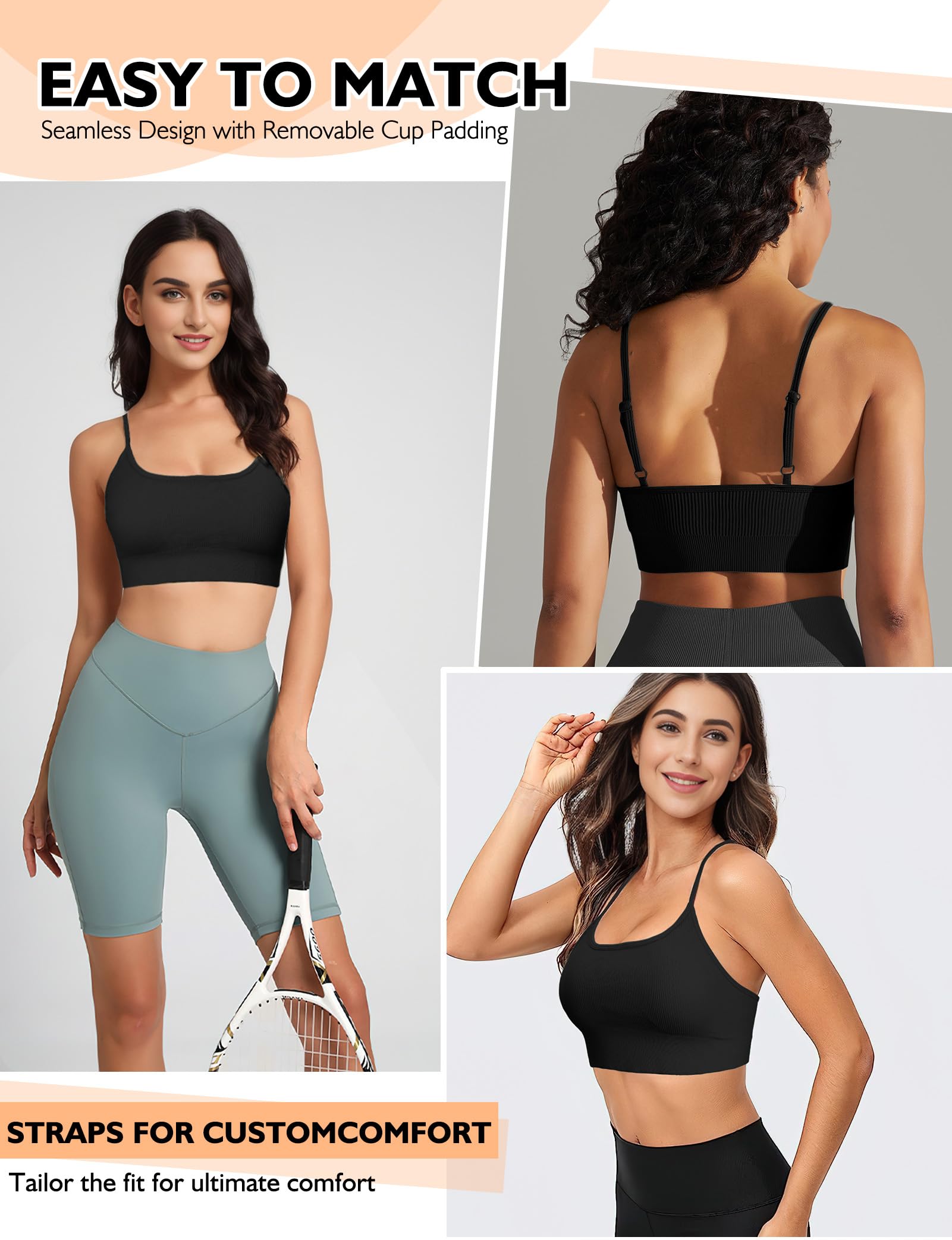 Women's Scoop Neck Sports Bras - Adjustable Spaghetti Strap Workout Bras with Padding, Wireless Yoga Bras for Running, Gym & Active Lifestyle