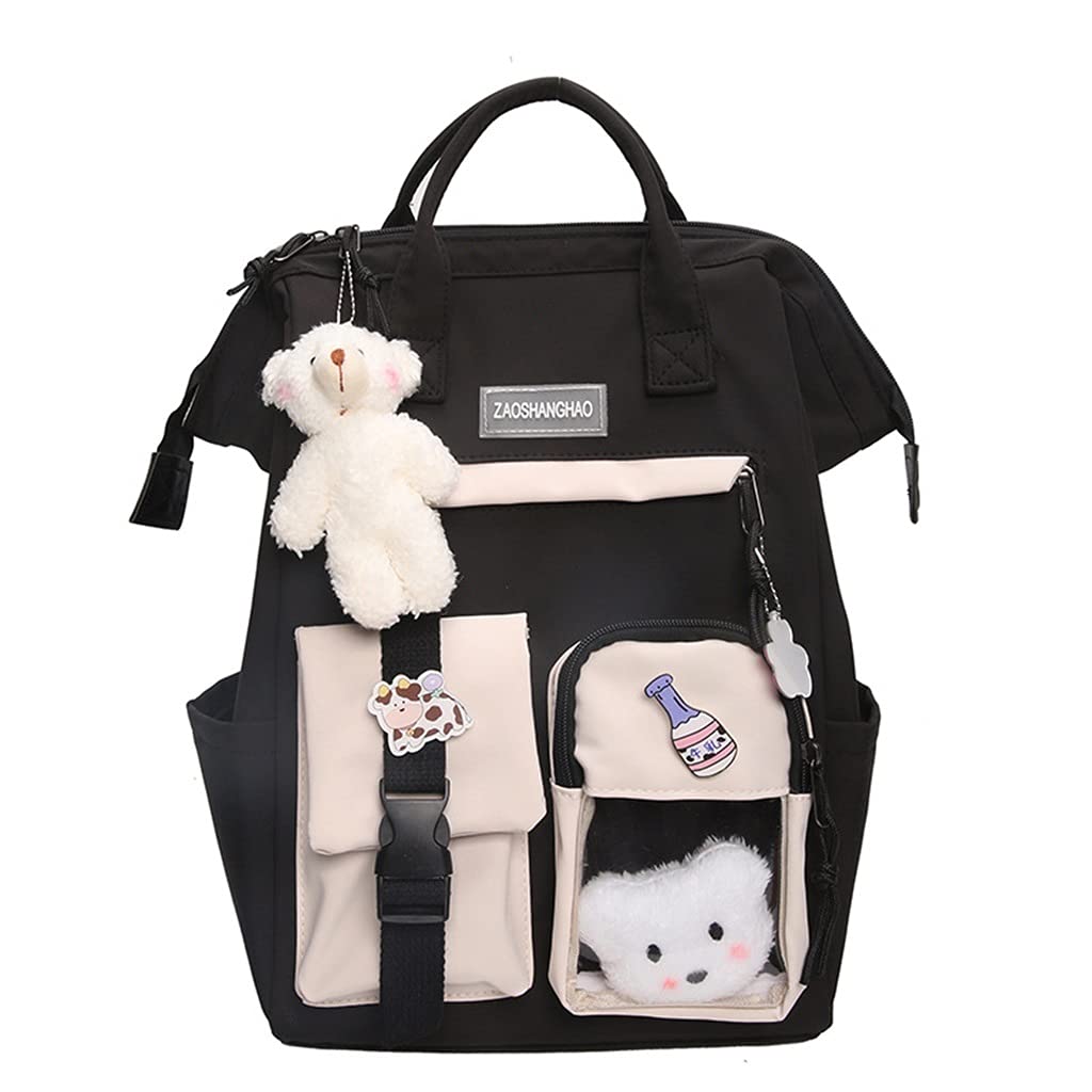 Cute Kawaii Backpack for Girls & Women - Bear Pin Accessories, Lightweight Laptop Bookbag for College & High School, Durable Black Backpack - Perfect for School, Travel & Everyday Use