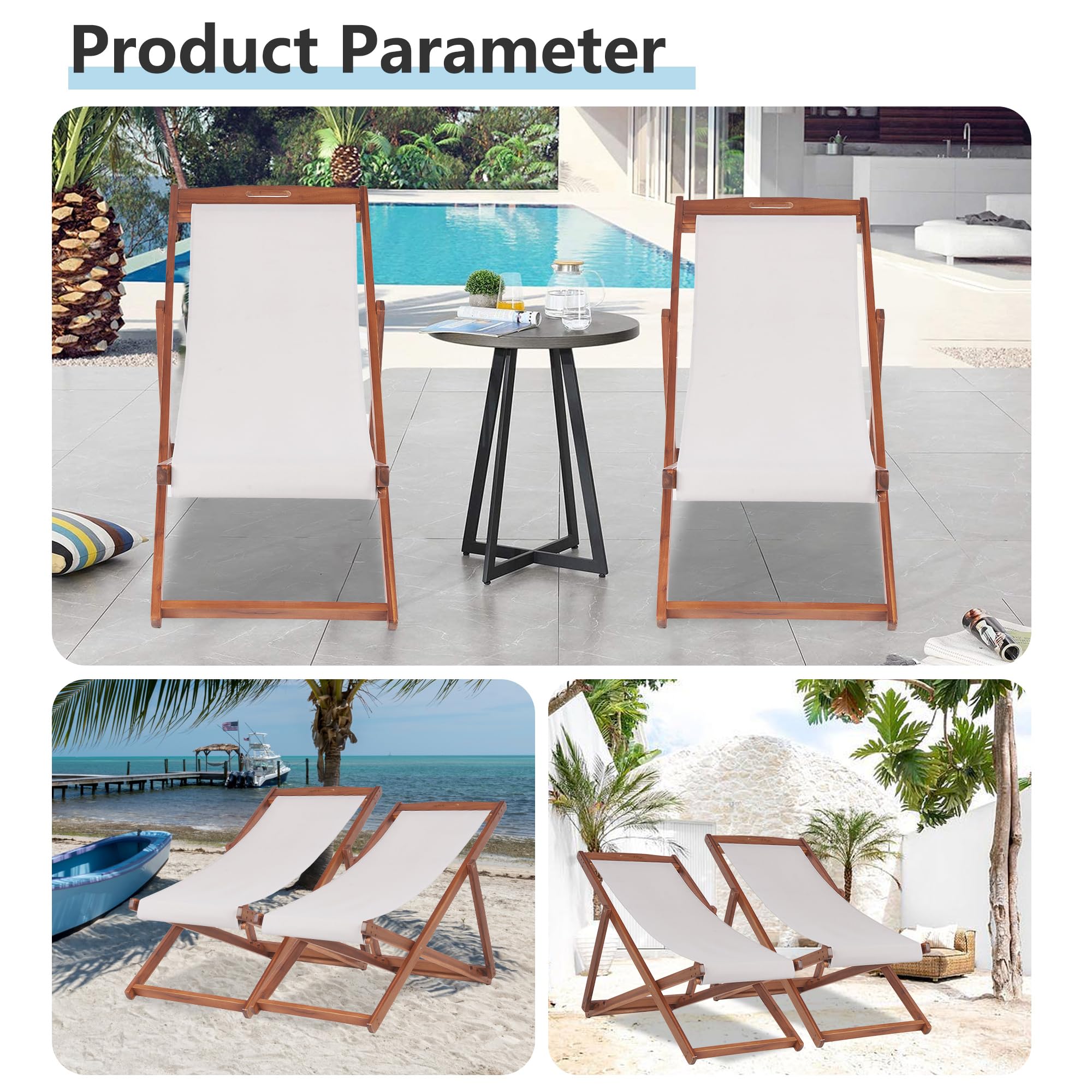2-Pack Outdoor Wooden Patio Lounge Chairs - Adjustable 3-Level Reclining Beach Chairs with Solid Wood Frame & Polyester Canvas (Grey) - Perfect for Backyard, Poolside, Beach & Garden Relaxation
