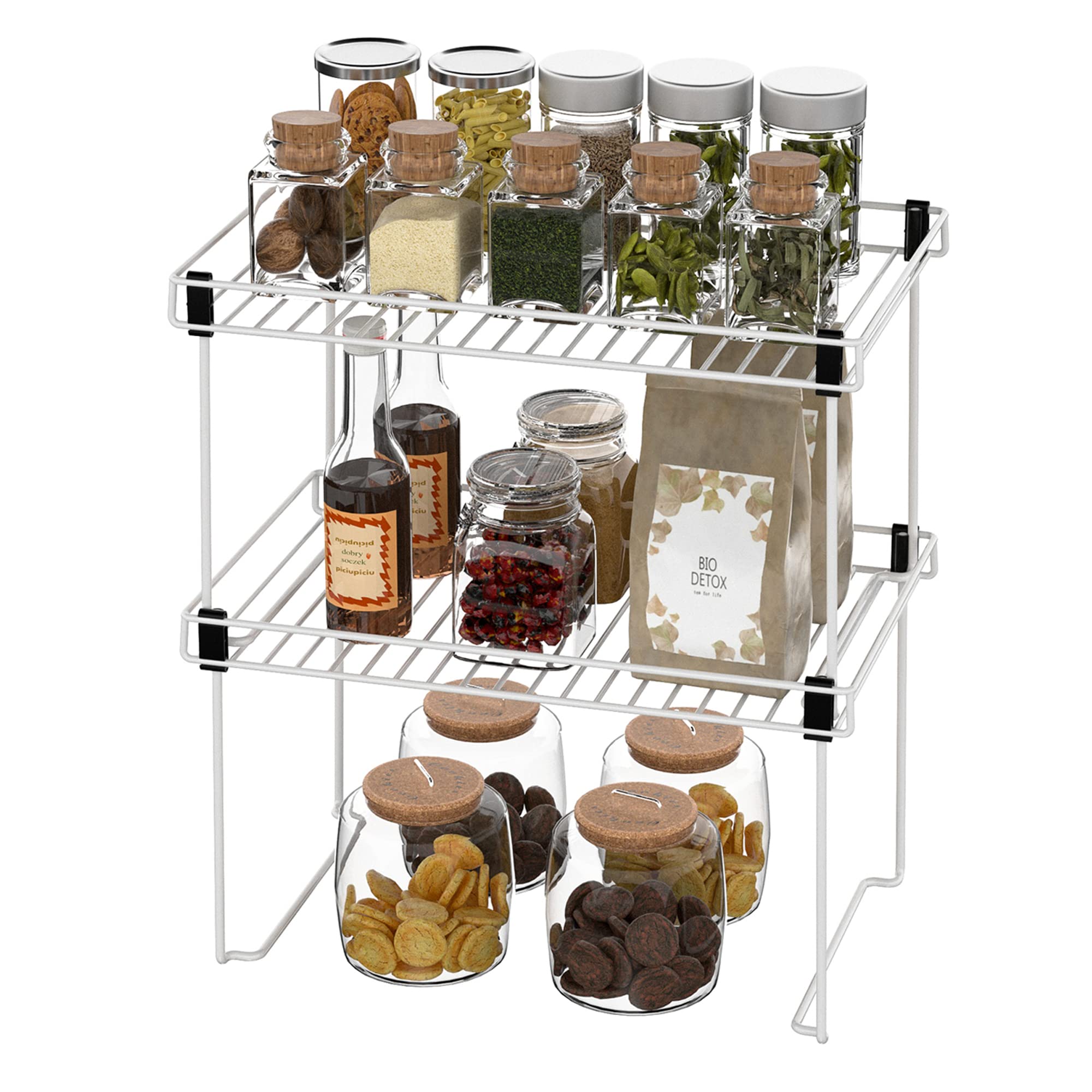 FESDOS Stackable Kitchen Shelf Rack - 2 Pack White Steel Cabinet Organizers with Guardrails for Pantry, Bathroom, Freezer & Under Sink Storage | Space-Saving Solution for Small Kitchens & Cluttered Cabinets