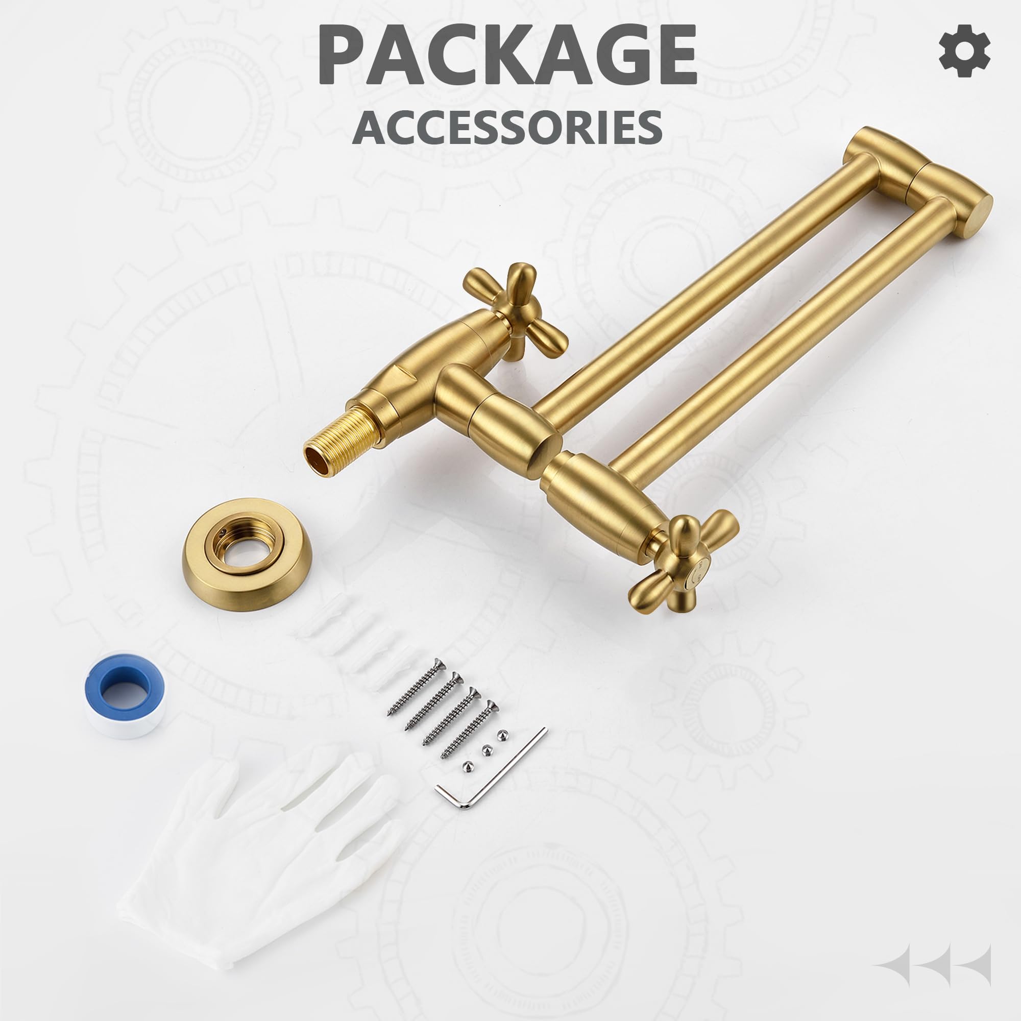 Brushed Gold Wall Mounted Pot Filler Faucet with Swing Arm - Brass Stove Faucet with Extendable Arm & Dual Cross Handles - Perfect for Kitchen Sink, Cooking Area, and Behind Stove Installation