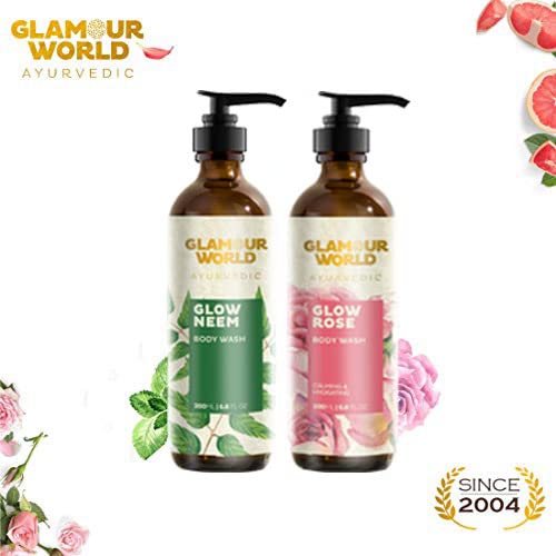 Glamour World Ayurvedic Glow Rose & Neem Body Wash with Aloe Vera, Tulsi, Honey & Lemon Oil - Natural Skin Cleanser for Dry, Sensitive Skin - Perfect for Daily Shower & Spa Relaxation