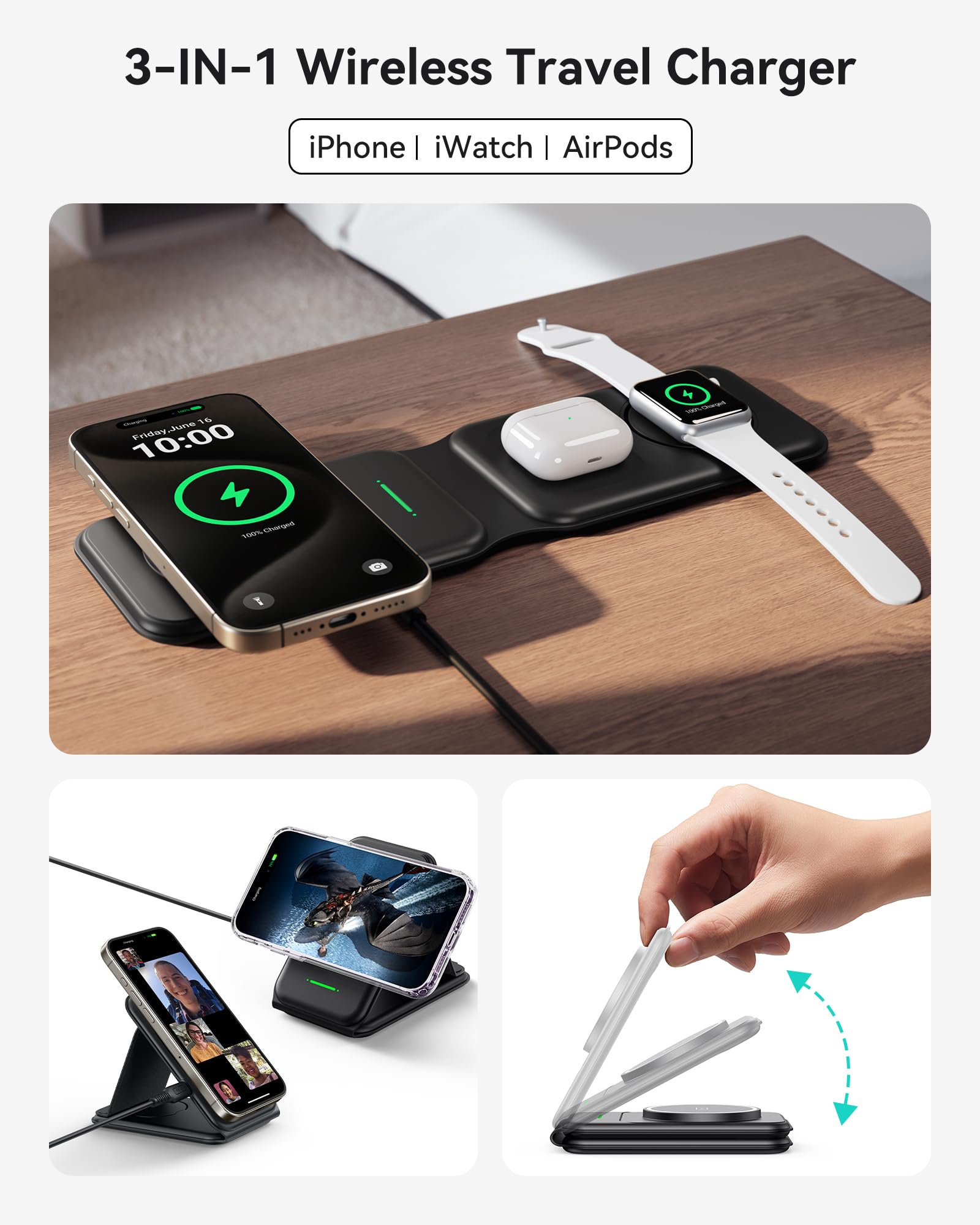 INIU 3-in-1 Magnetic Wireless Charging Station - Foldable Fast Charger for iPhone 16/15/14/13 Series, Apple Watch & AirPods - Portable Travel Charger with MagSafe (Adapter Included) | Perfect for Home, Office & Travel Use
