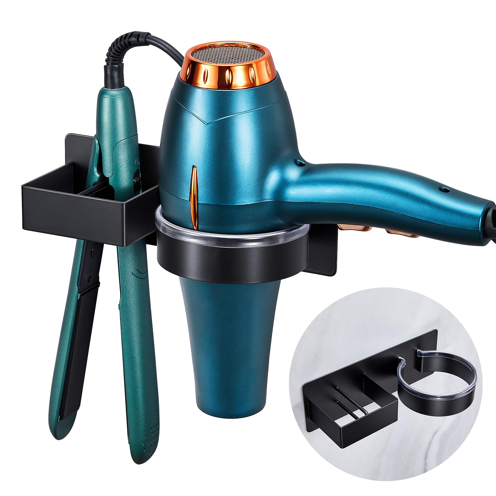 Wall Mounted Hair Dryer Holder - Stainless Steel Blow Dryer & Hair Tool Organizer for Straightener, Curling Iron - Adhesive Bathroom Salon Storage (Perfect for Home, Salon & Travel)