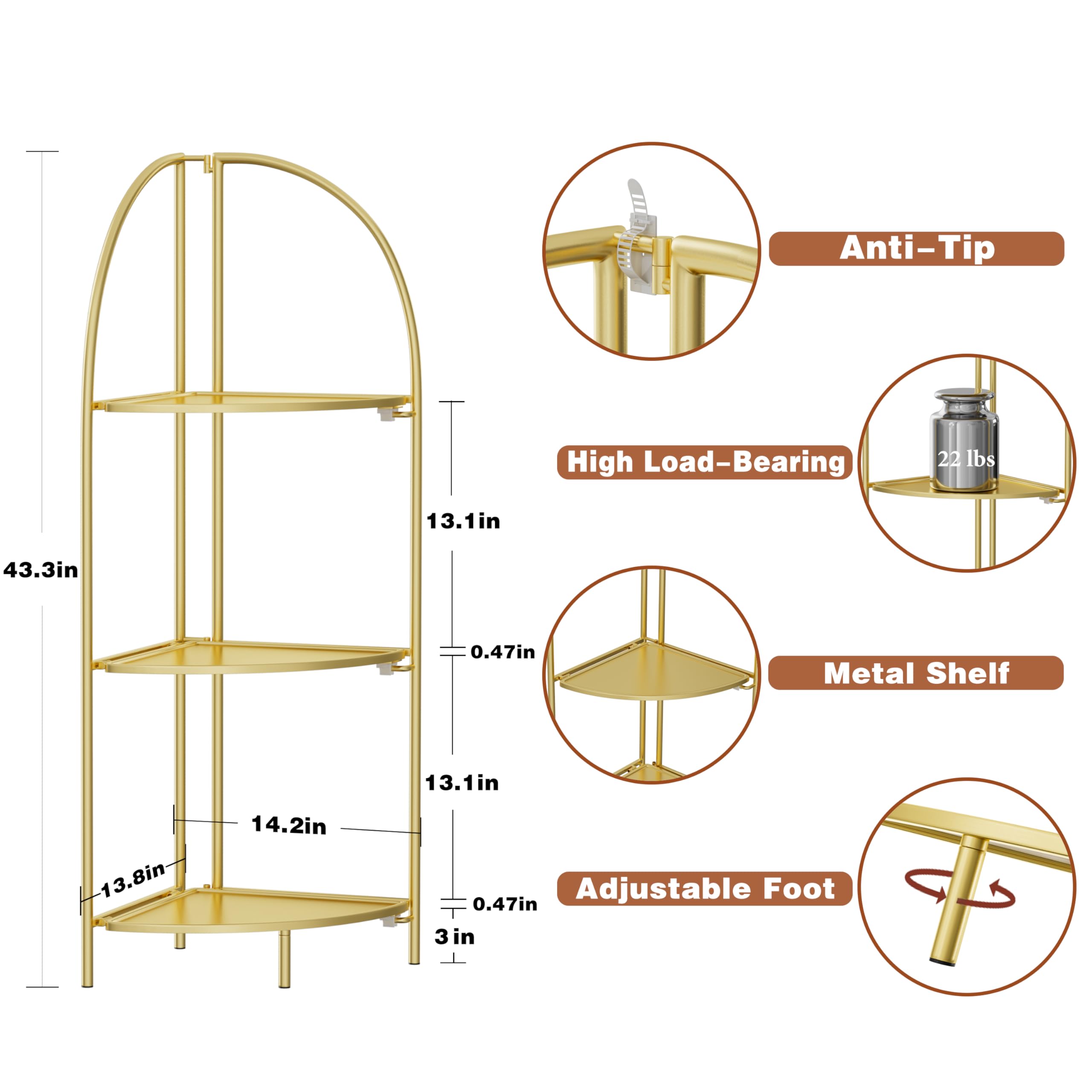 Foldable 3-Tier Metal Corner Shelf with Gold Frame - Space-Saving Plant Stand & Display Rack for Living Room, Bedroom, Bathroom - Perfect for Small Spaces, Home Decor & Organizing Plants, Books & Decorative Items