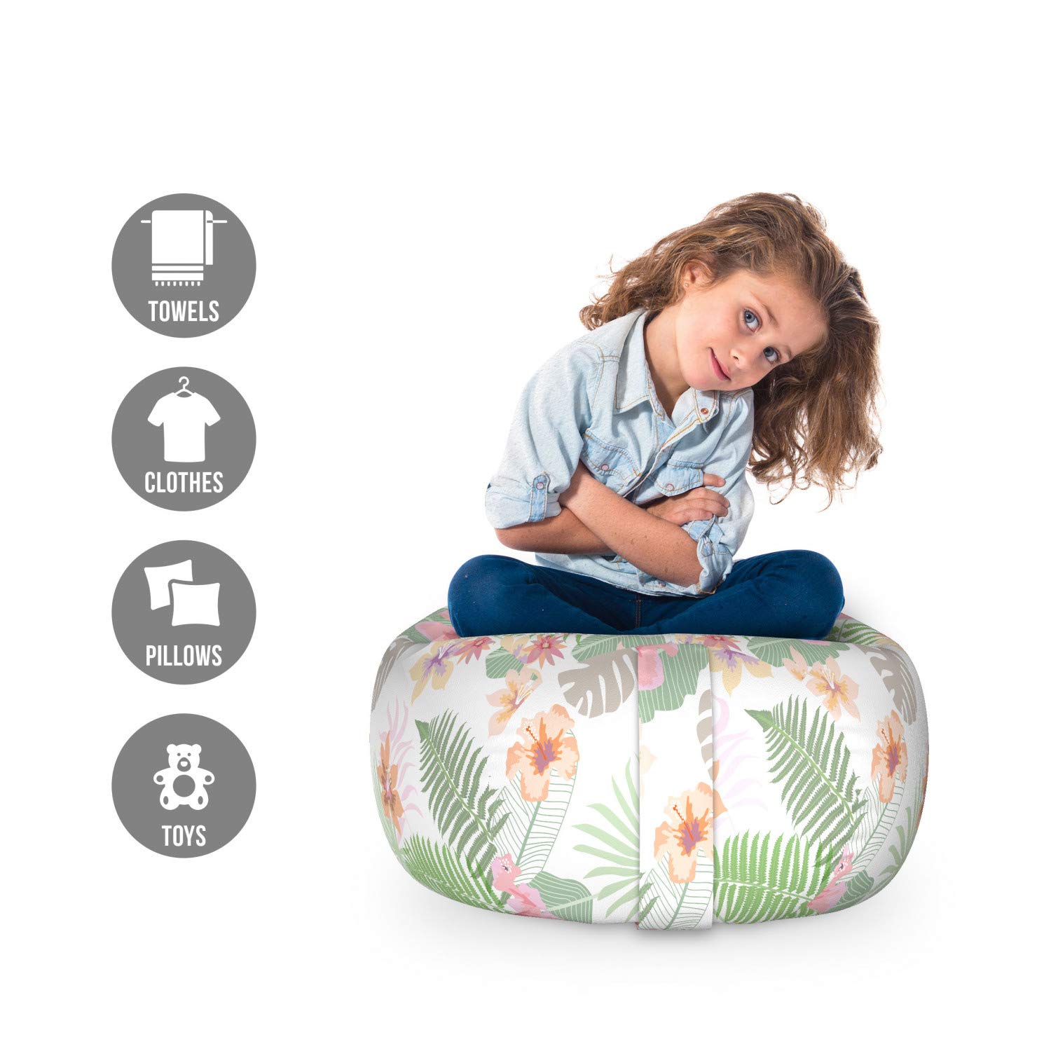 Ambesonne Floral Storage Toy Bag Chair - Washable Stuffed Animal Organizer with Botanical Flowers & Ferns Pattern - Small Size Pale Pink Peach - Perfect for Kids' Room, Nursery & Playroom Organization
