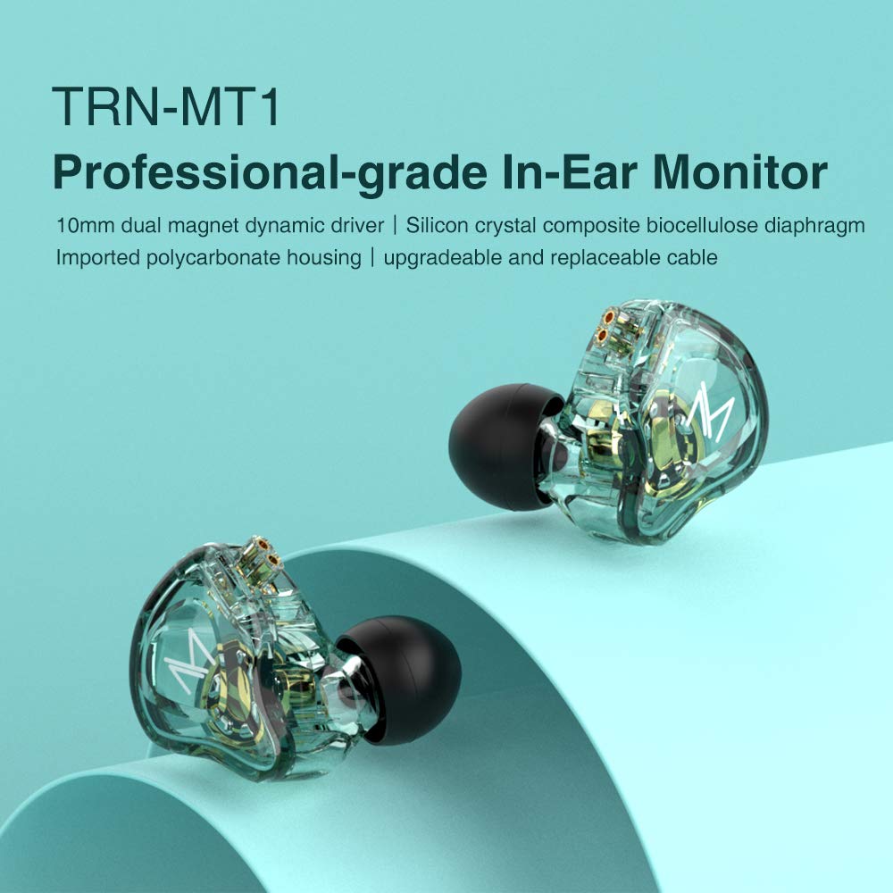 TRN MT1 HiFi In-Ear Headphones with Dual Magnetic Dynamic Drivers - Noise Cancelling Sport Earbuds for Running, Gym & Workout (Green, No Mic) | Perfect for Music Lovers & Athletes