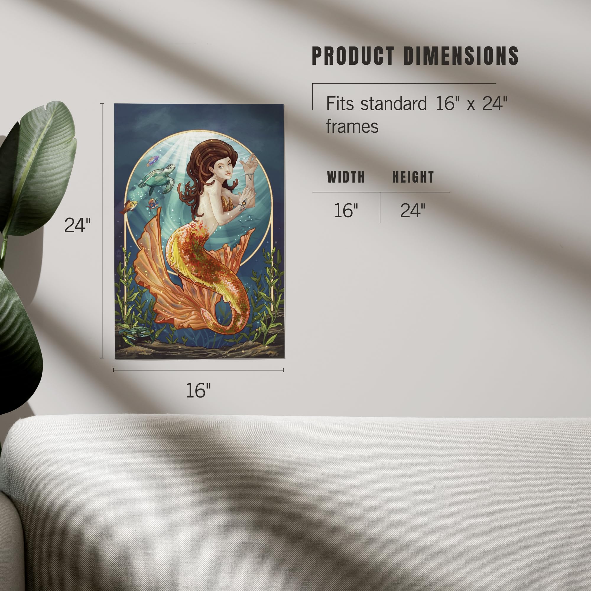Lantern Press 16x24 Inch Giclee Art Print - Mermaid with Orange Tail Wall Decor - Premium Canvas Wall Art for Living Room, Bedroom & Office