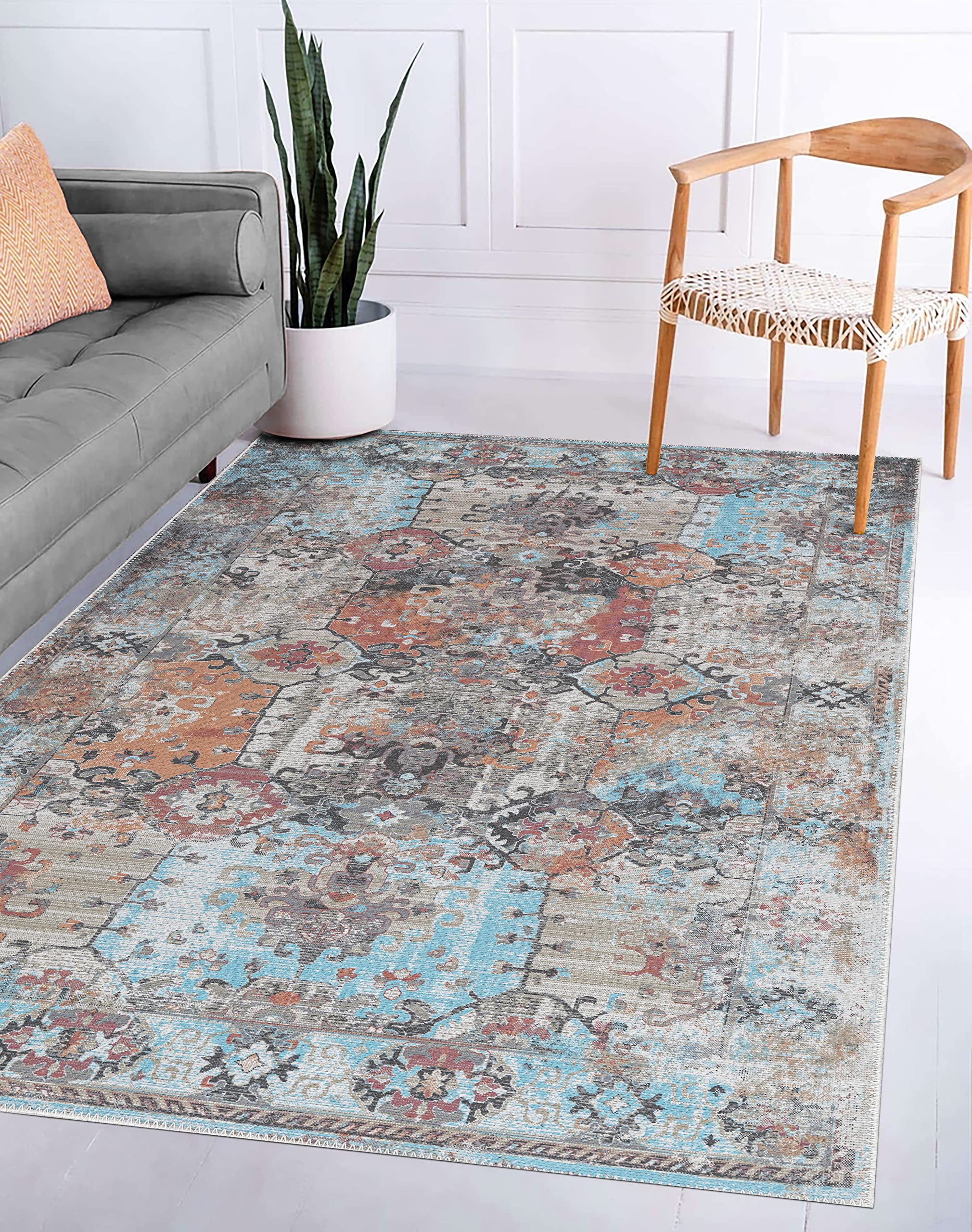 Machine Washable Non-Slip Area Rug - 5'x7' Vintage Persian Printed Floor Carpet for Living Room, Bedroom, Bathroom & Kitchen | Home Decor Mat for Cozy Spaces & High Traffic Areas
