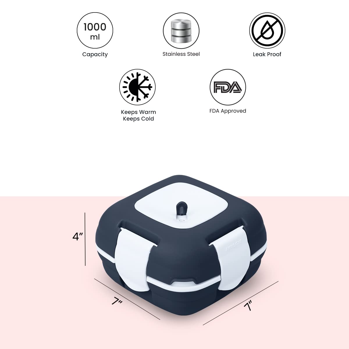 Premium Insulated Stainless Steel Lunch Box for Kids & Adults - Leak Proof Thermal Bento Container with Removable Tray for Salad/Soup (33oz, Navy Blue) - Perfect for School, Office, Picnics & Outdoor Activities